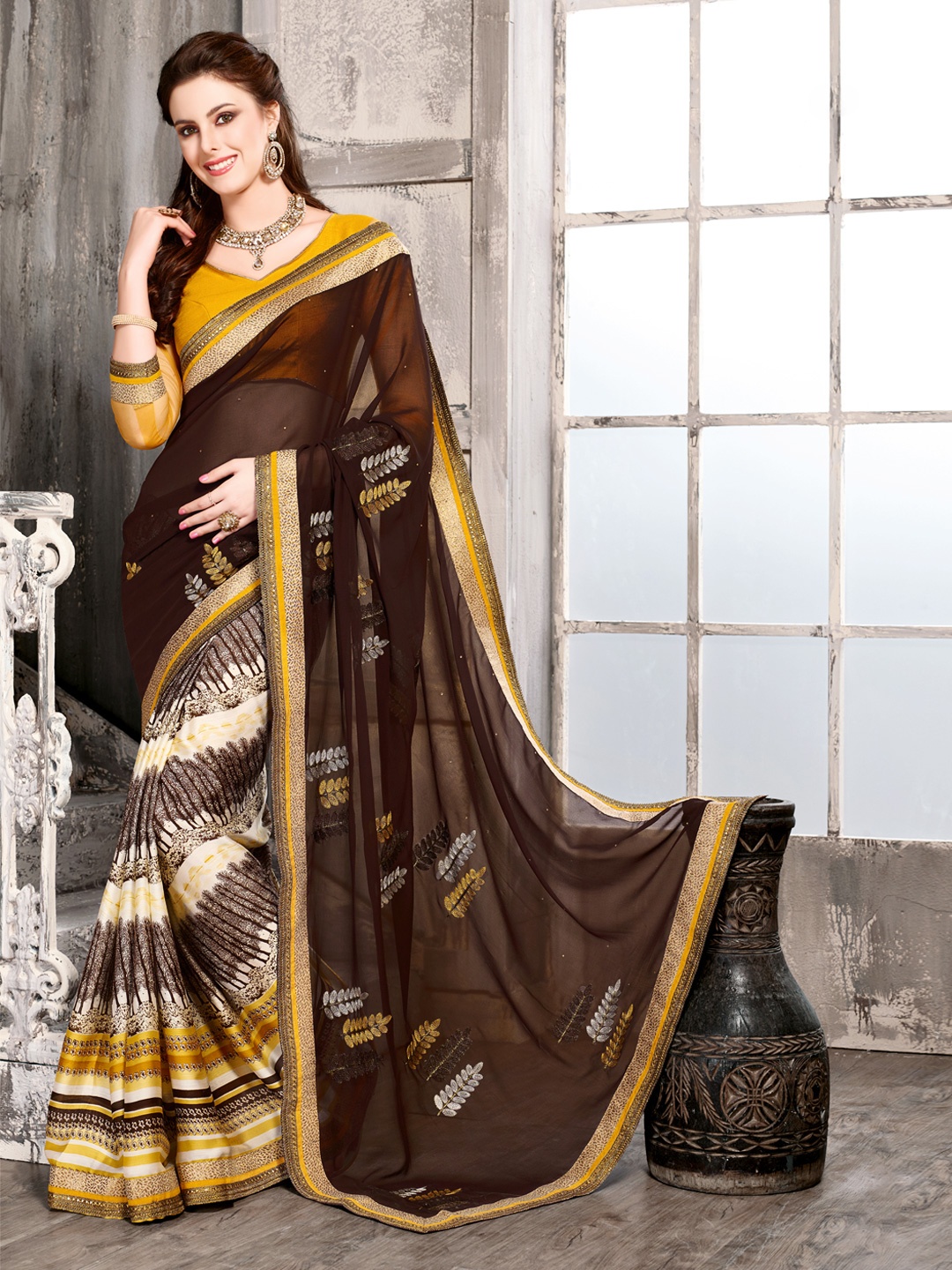 

Kalista Brown & Mustard Yellow Printed Chiffon Embellished Saree