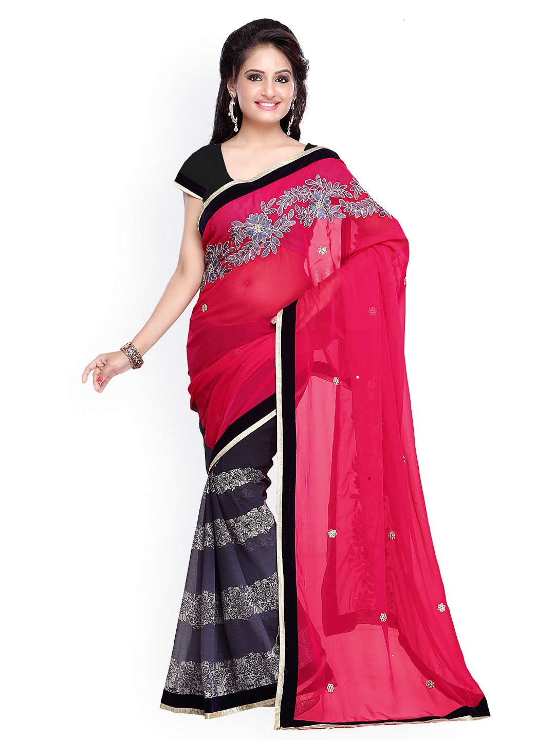 

Kalista Pink & Blue Embroidered Chiffon Embellished Saree