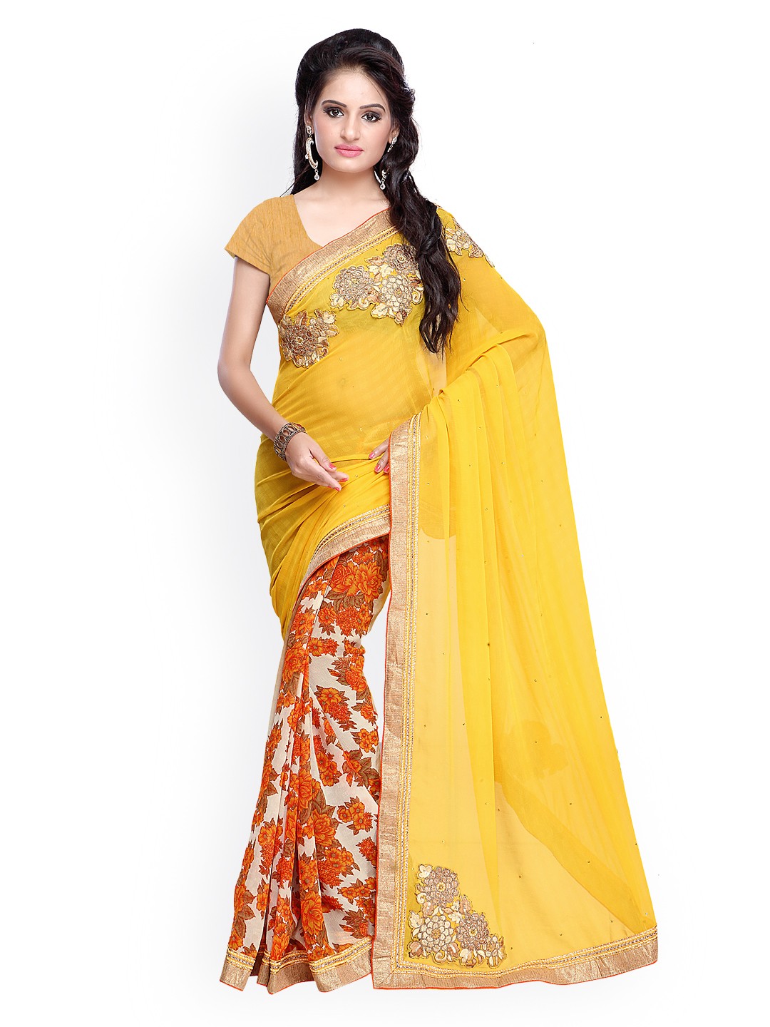 

Kalista Yellow & Orange Printed Chiffon Embellished Saree