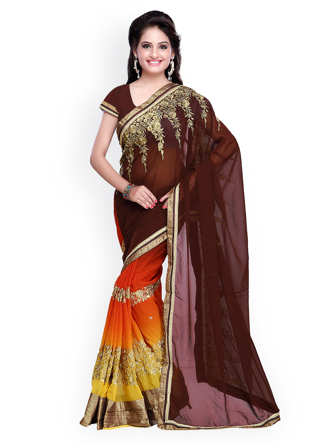 

Kalista Brown & Orange Embroidered Georgette Saree