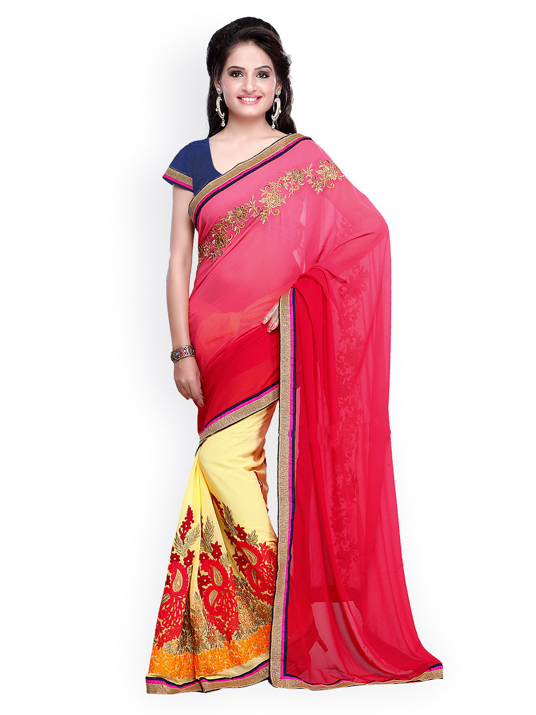 

Kalista Pink & Yellow Embroidered Georgette Saree