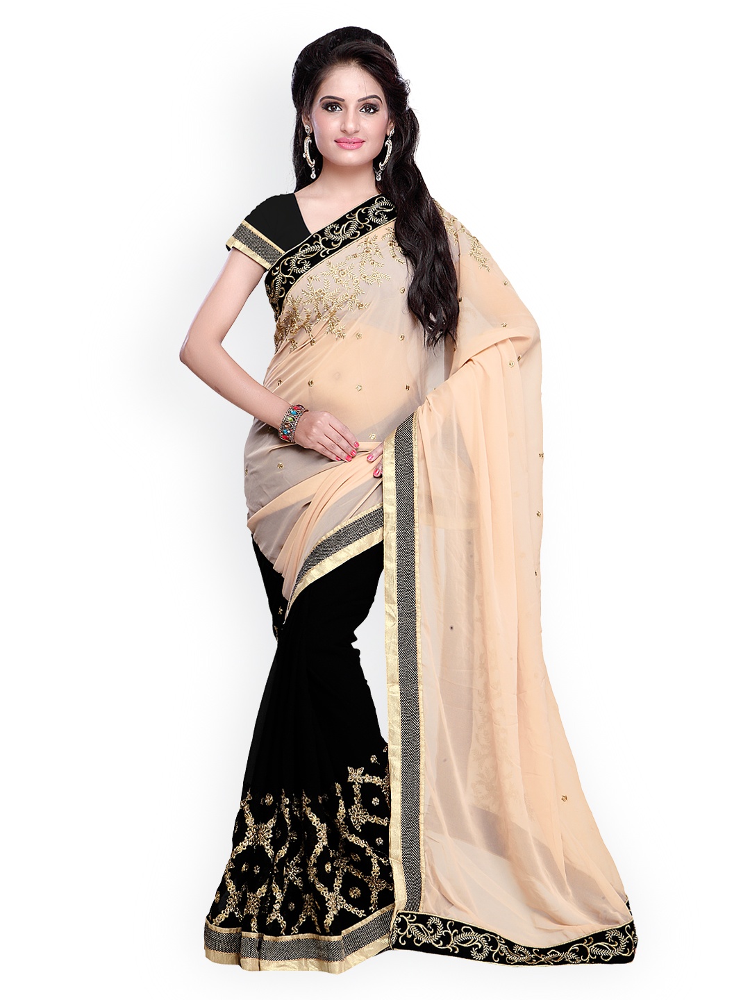 

Kalista Peach-Coloured & Black Embroidered Georgette Embellished Saree