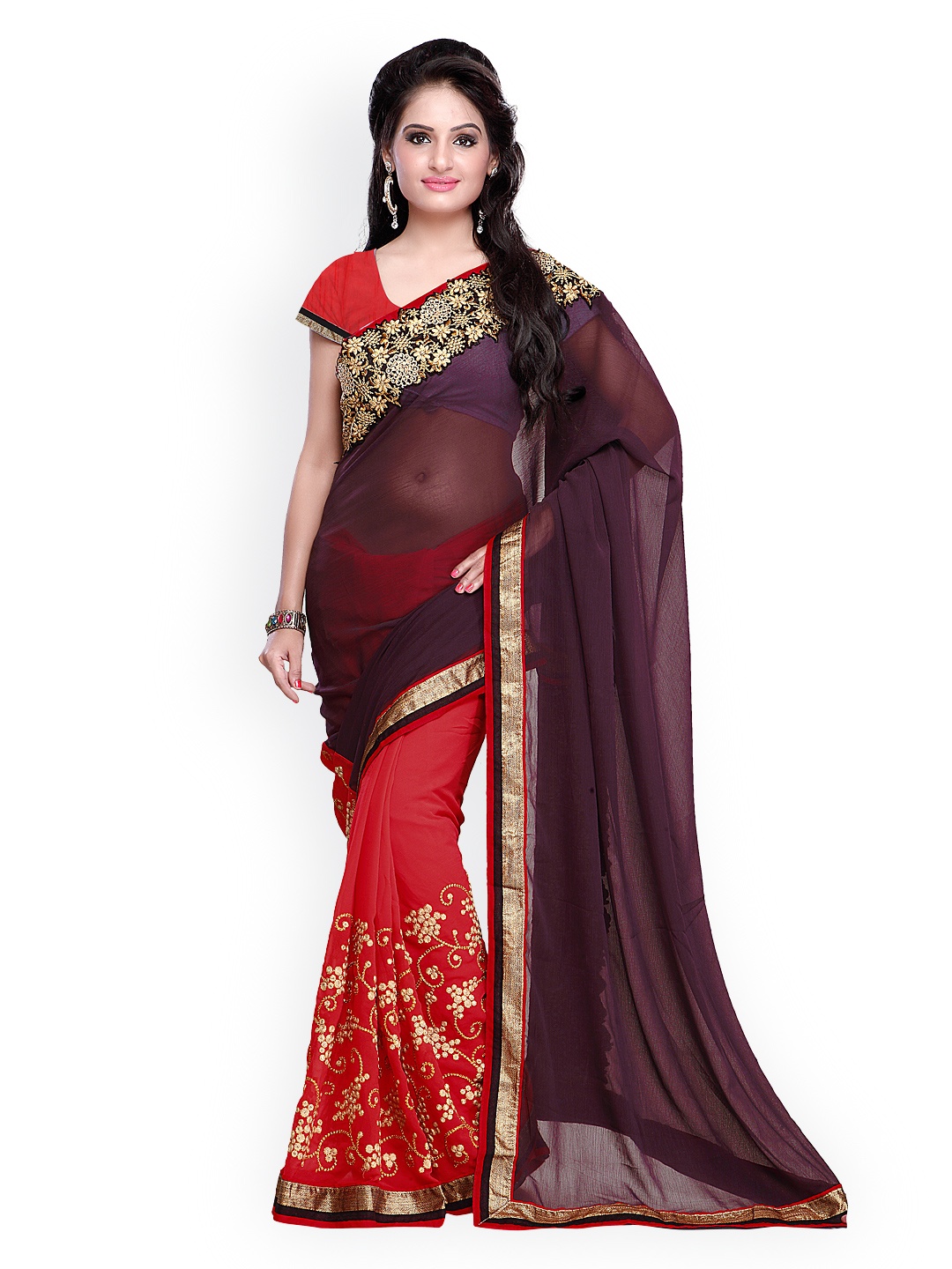 

Kalista Charcoal Grey & Red Embroidered Georgette Saree