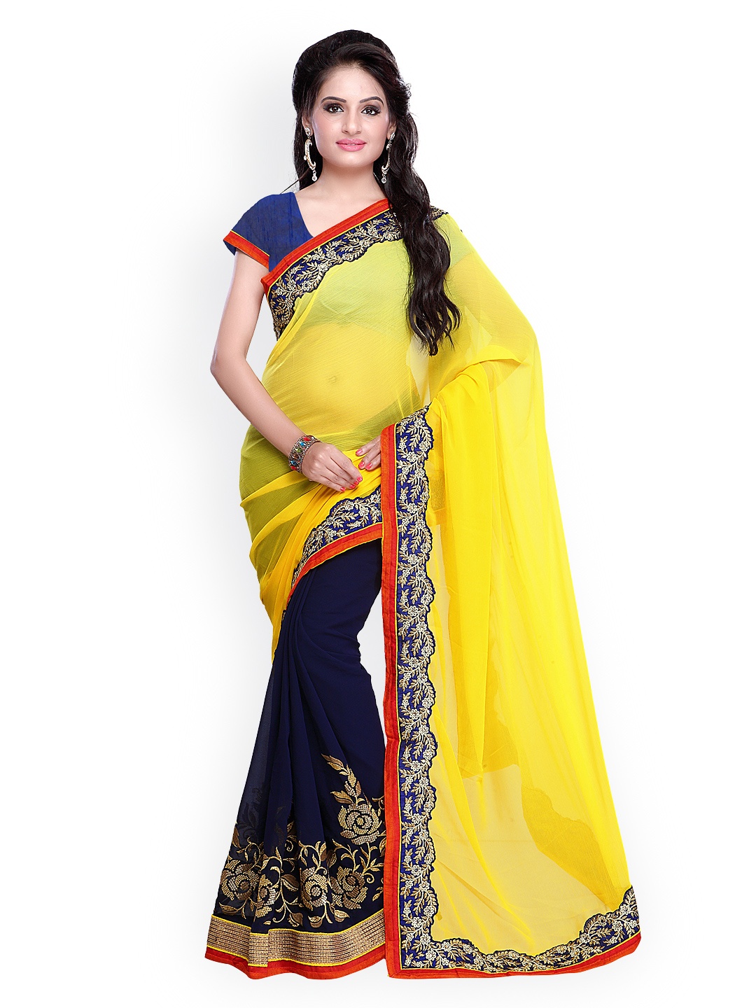 

Kalista Yellow & Navy Blue Embroidered Georgette Saree
