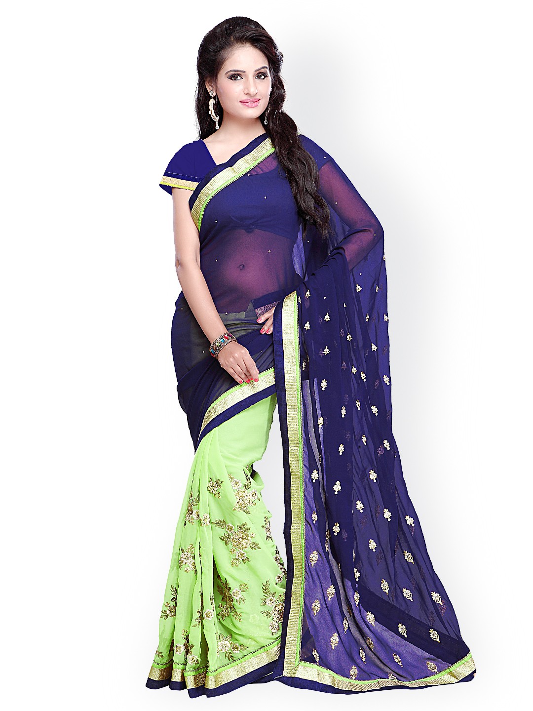 

Kalista Blue & Green Embroidered Chiffon Saree