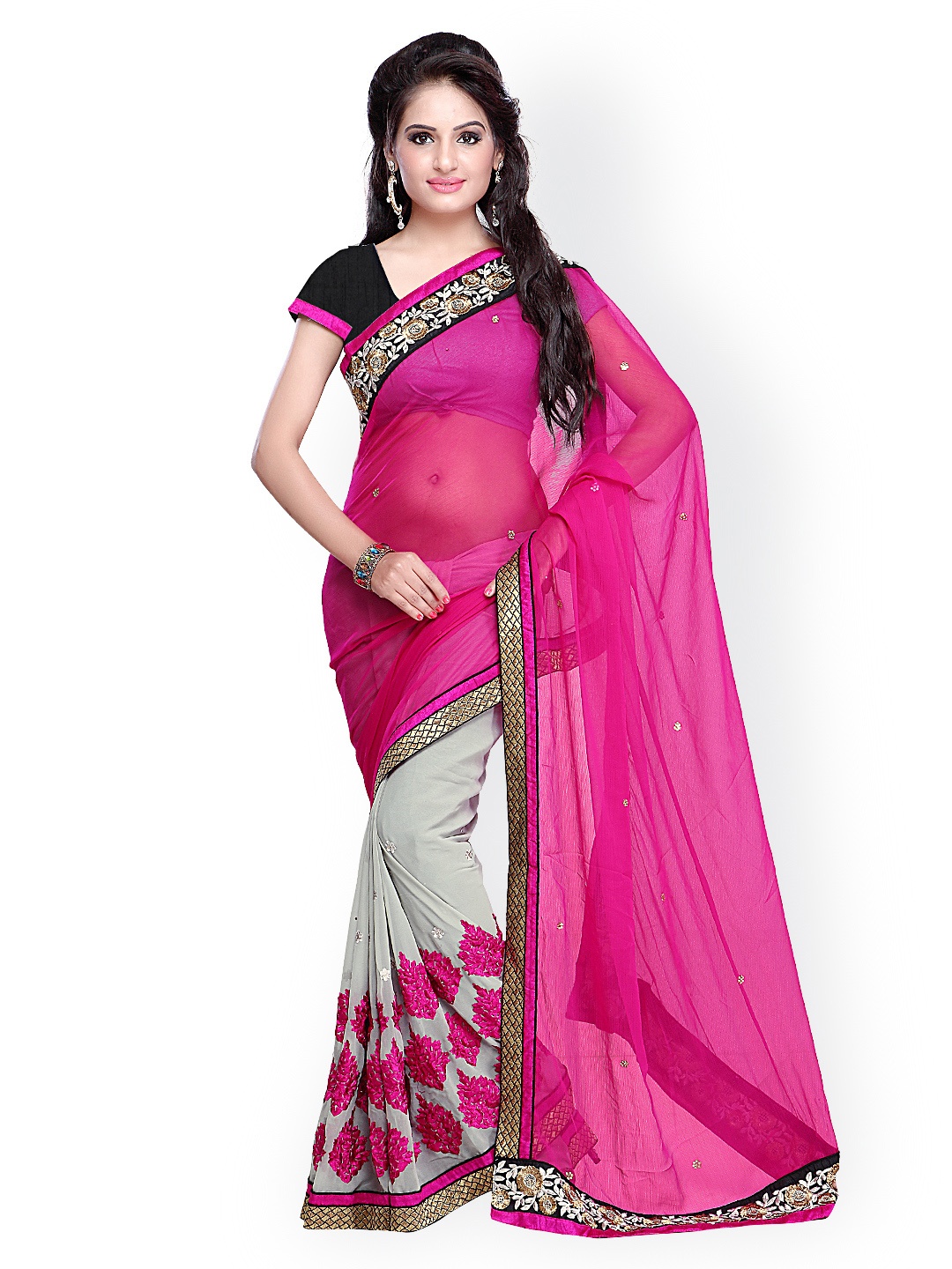 

Kalista Pink & Grey Embroidered Chiffon Embellished Saree
