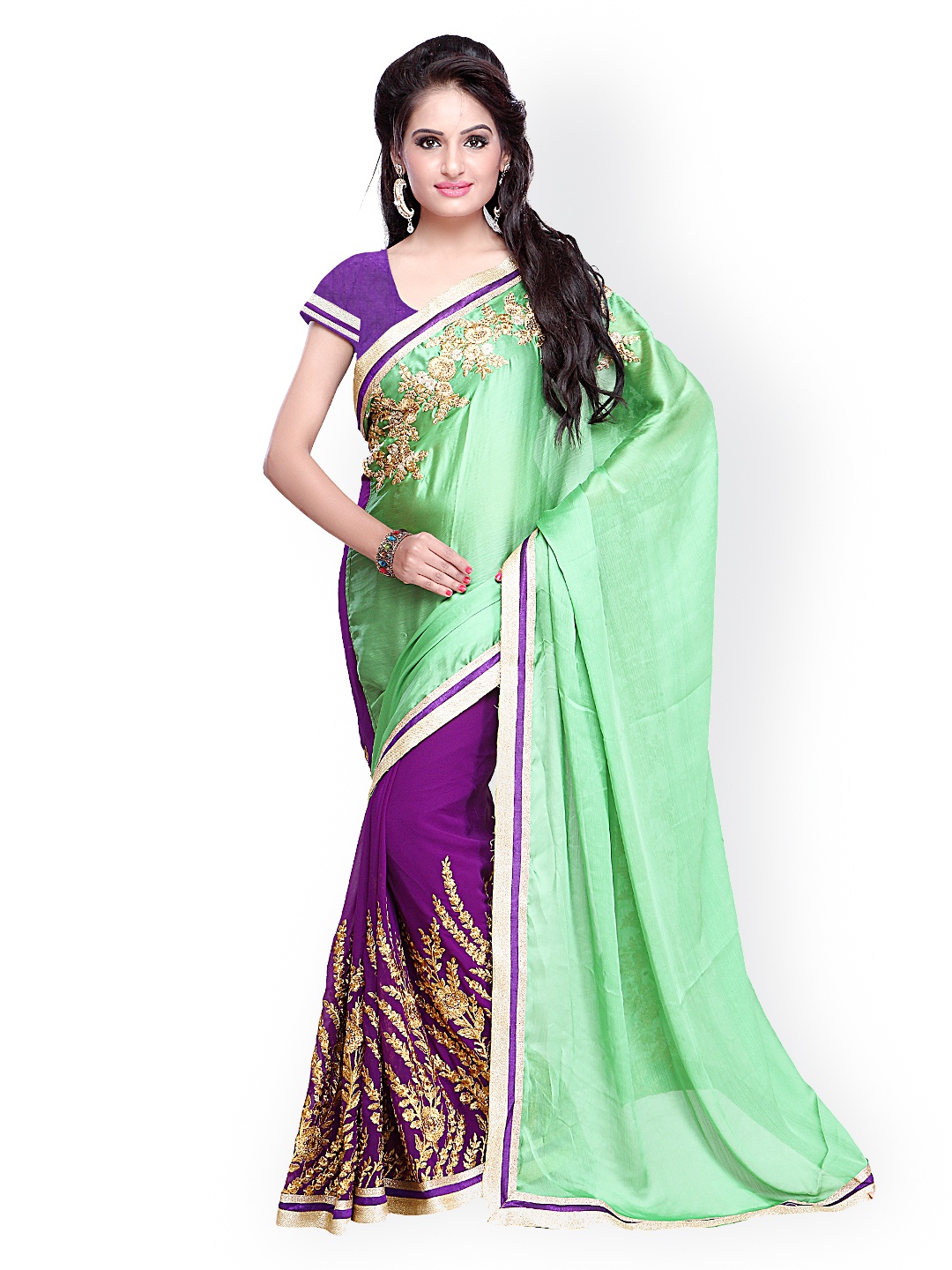 

Kalista Green & Purple Embroidered Chiffon Saree