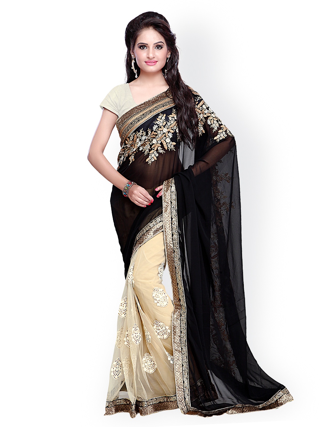

Kalista Black & Beige Embroidered Chiffon Saree