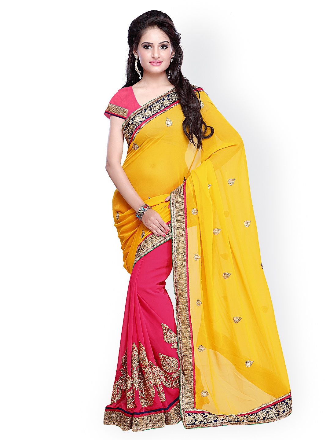 

Kalista Yellow & Pink Embroidered Chiffon Saree