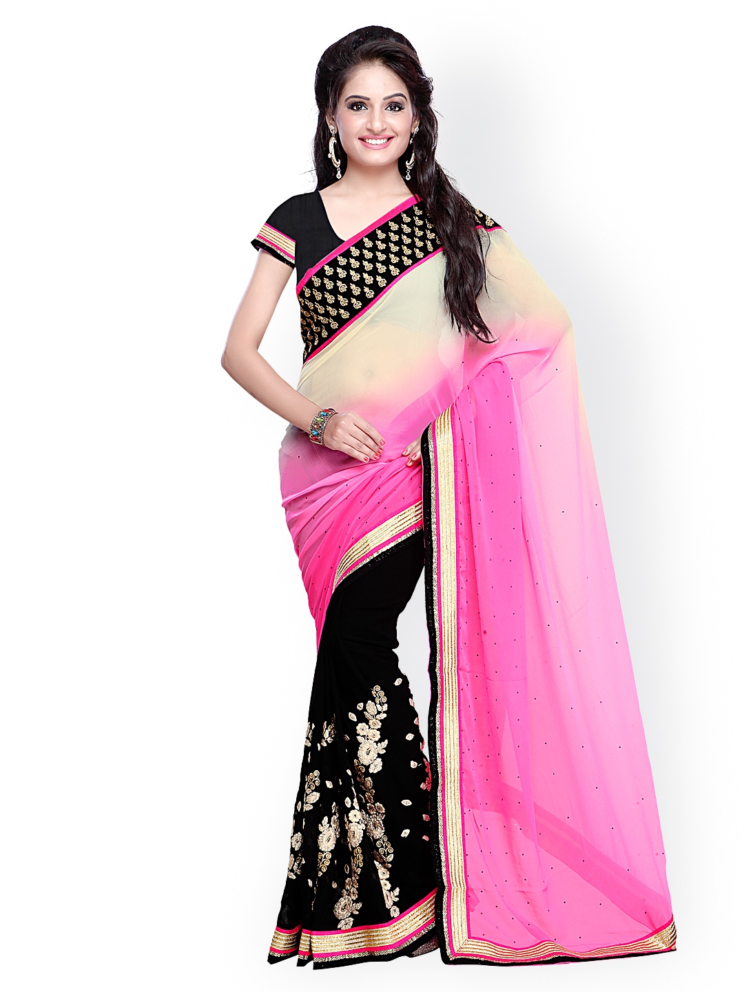 

Kalista Pink & Black Embroidered Chiffon Saree