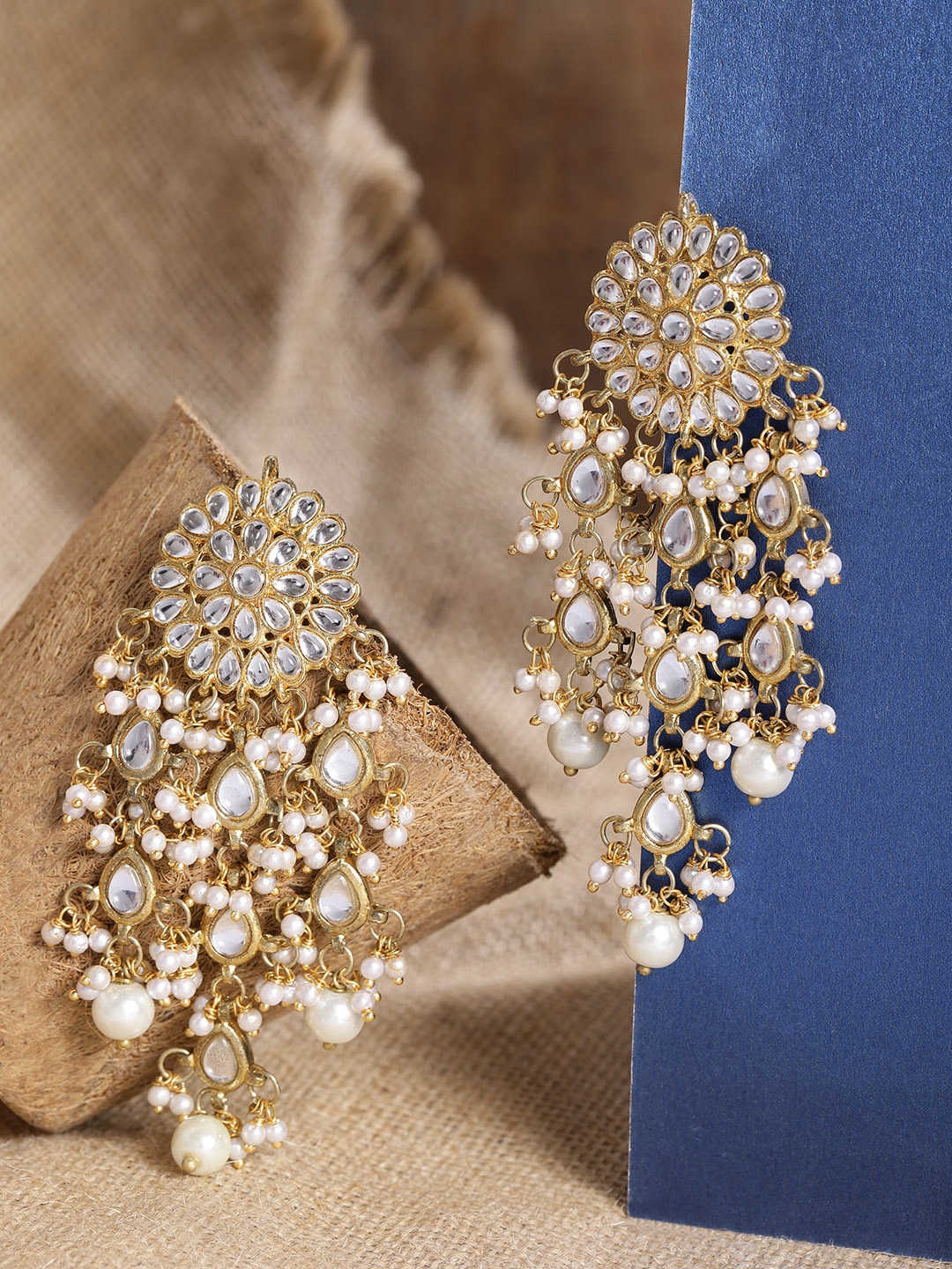 

KARATCART Off-White Gold-Plated Stone-Studded Floral Drop Earrings