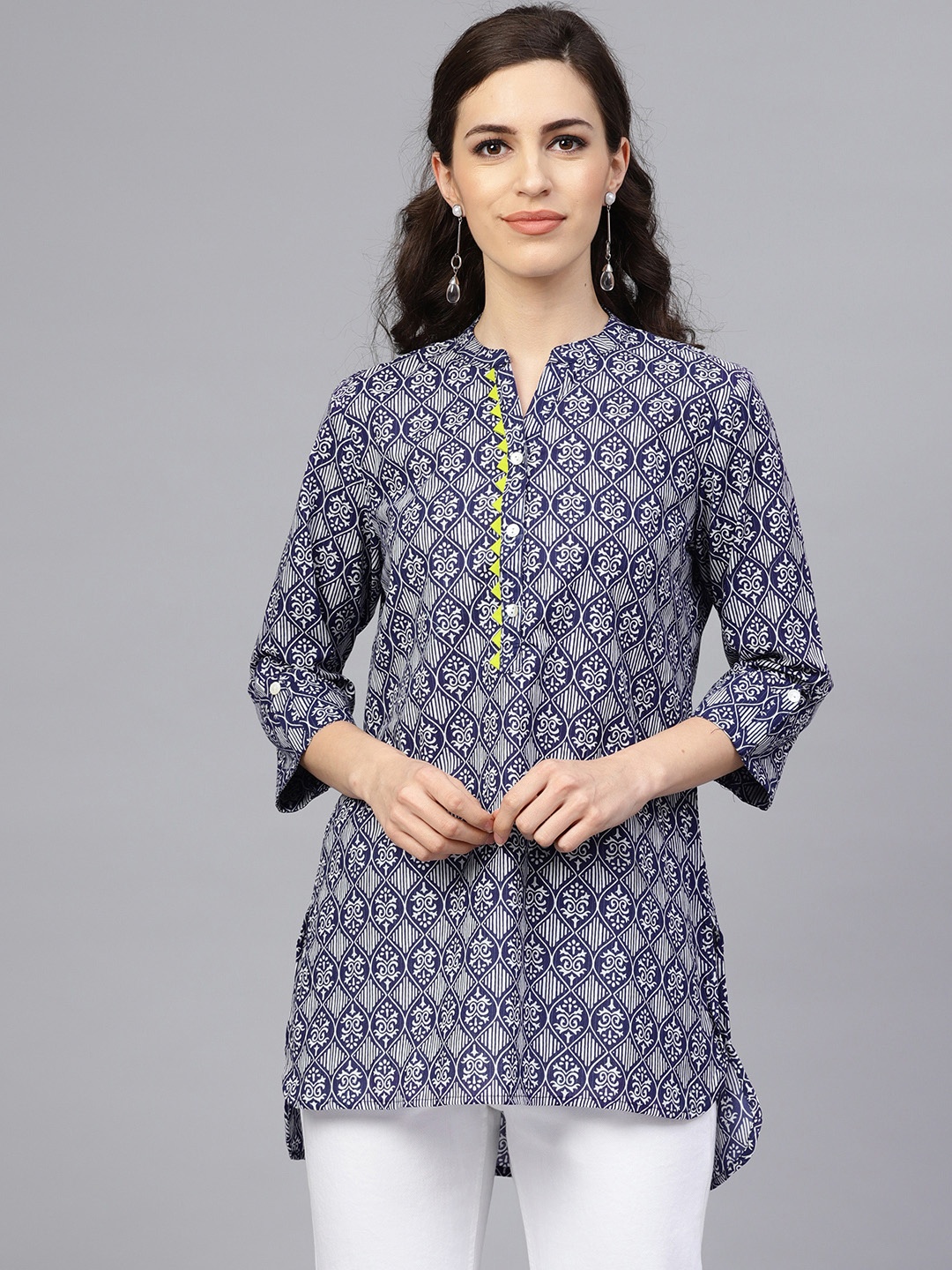 

Geroo Jaipur Blue Hand Block Printed High-Low Pure Cotton Top, Navy blue