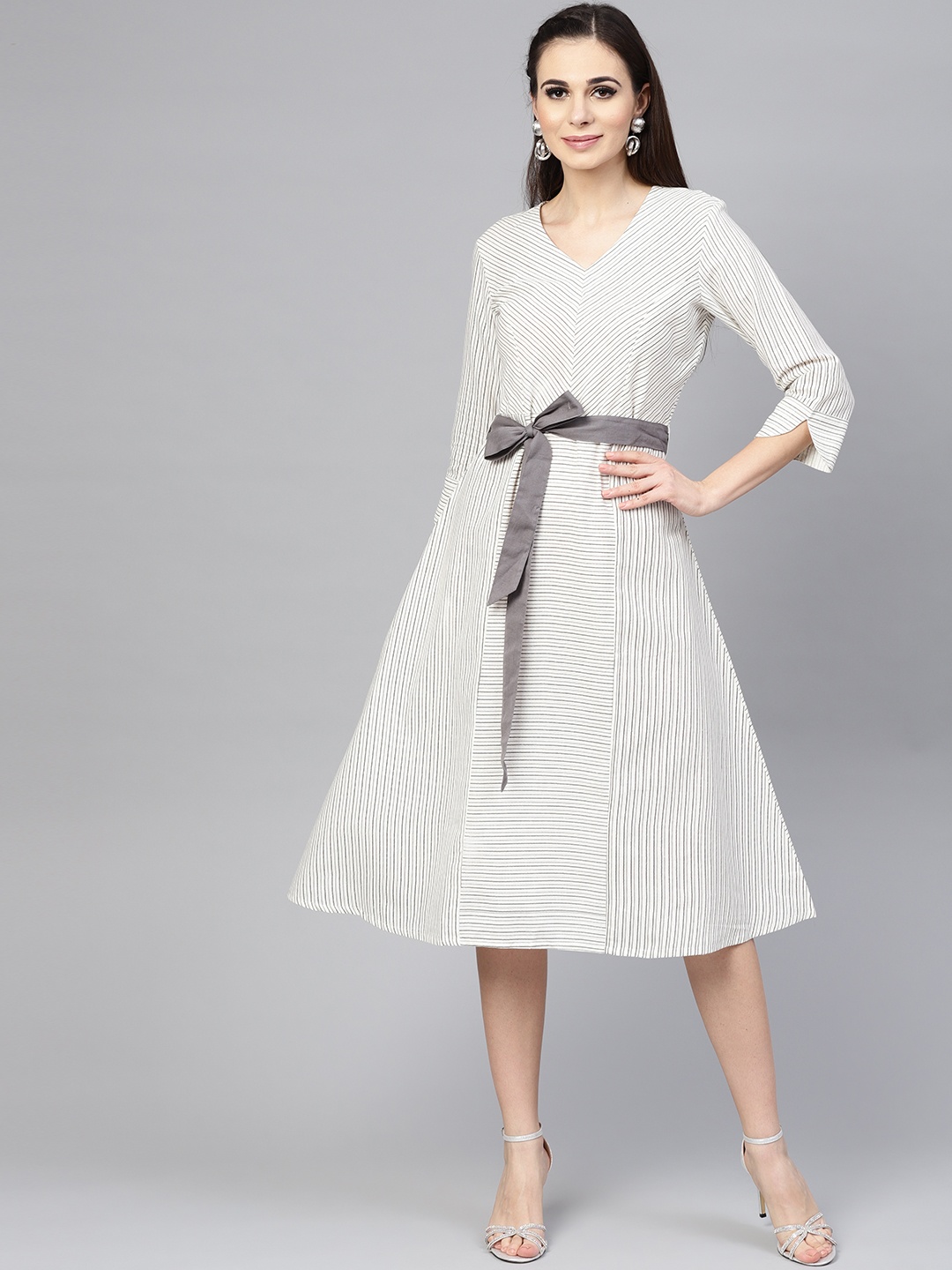 

Varanga Women Off-White & Grey Striped A-Line Dress