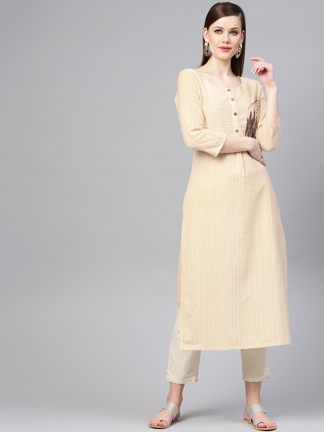 

Varanga Women Off-White & Mustard Yellow Striped Straight Kurta