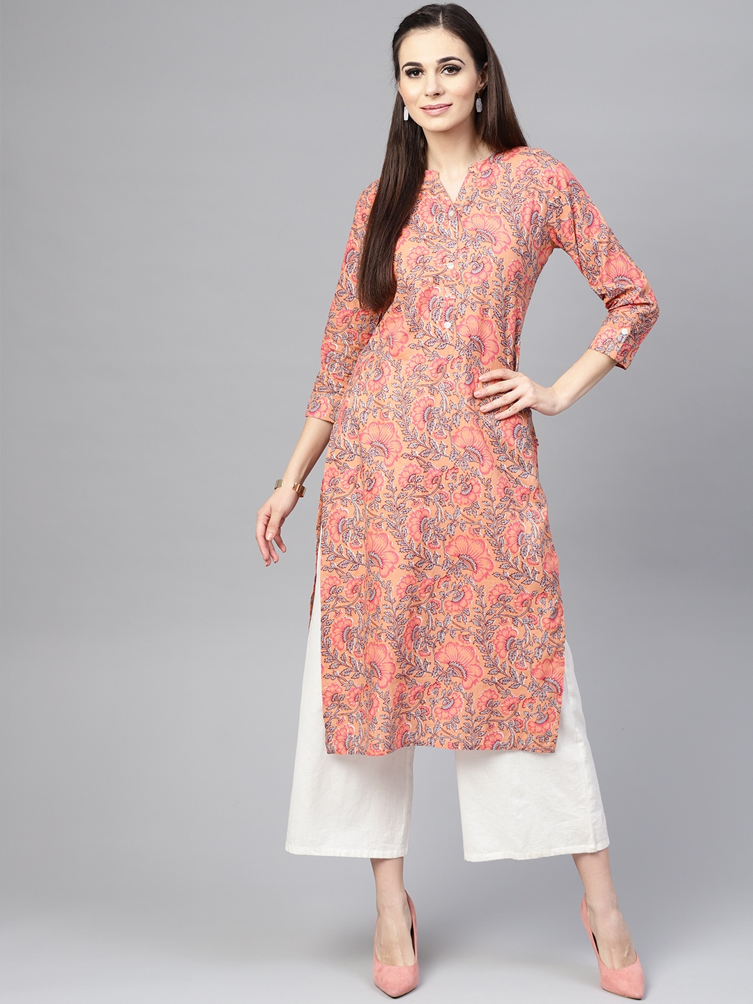 

Varanga Women Peach-Coloured & Grey Printed Straight Kurta