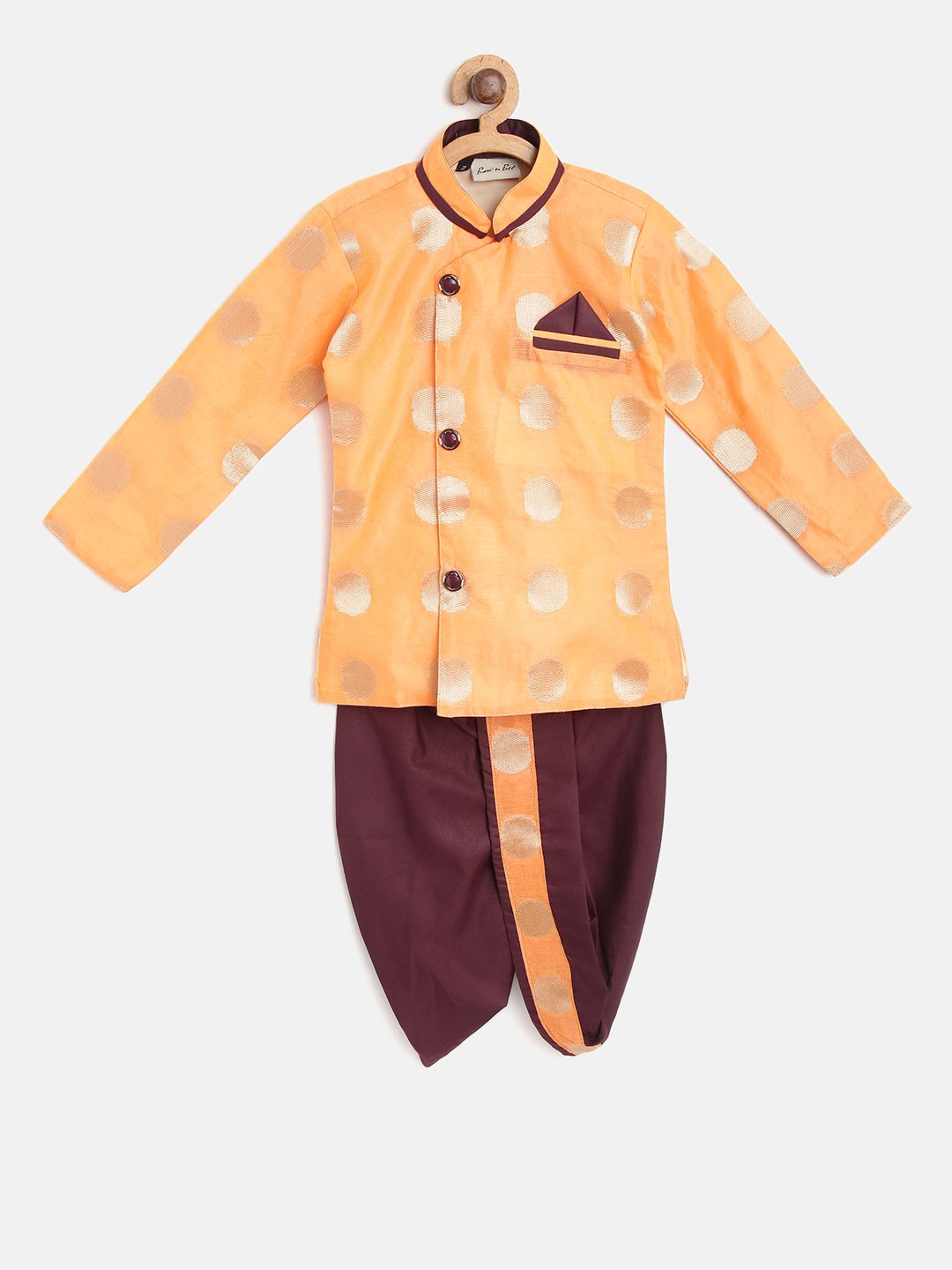 

BownBee Boys Orange & Burgundy Self Design Kurta with Dhoti Pants