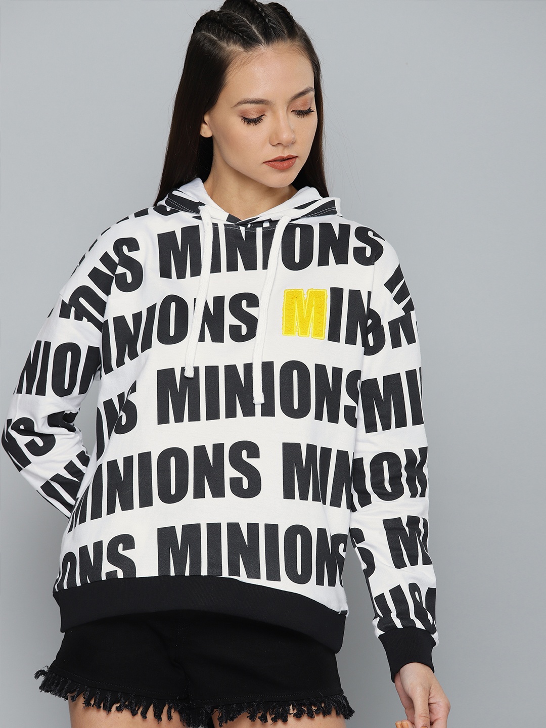 

Minions by Kook N Keech Women White & Black Printed Hooded Sweatshirt