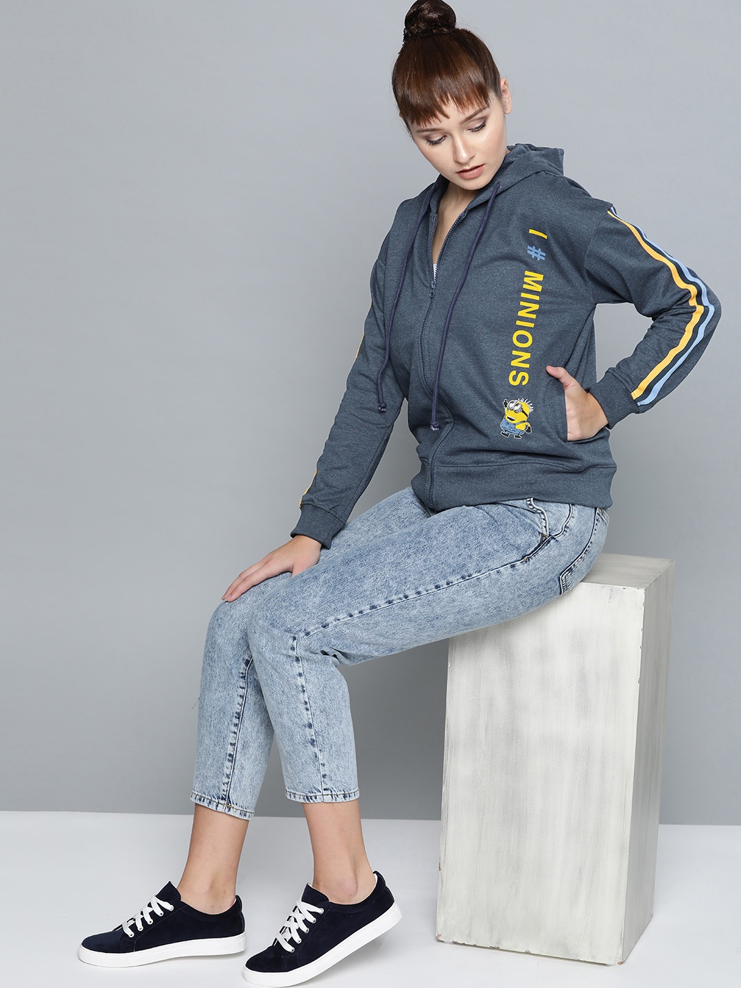 

Minions by Kook N Keech Women Navy Blue Solid Hooded Sweatshirt