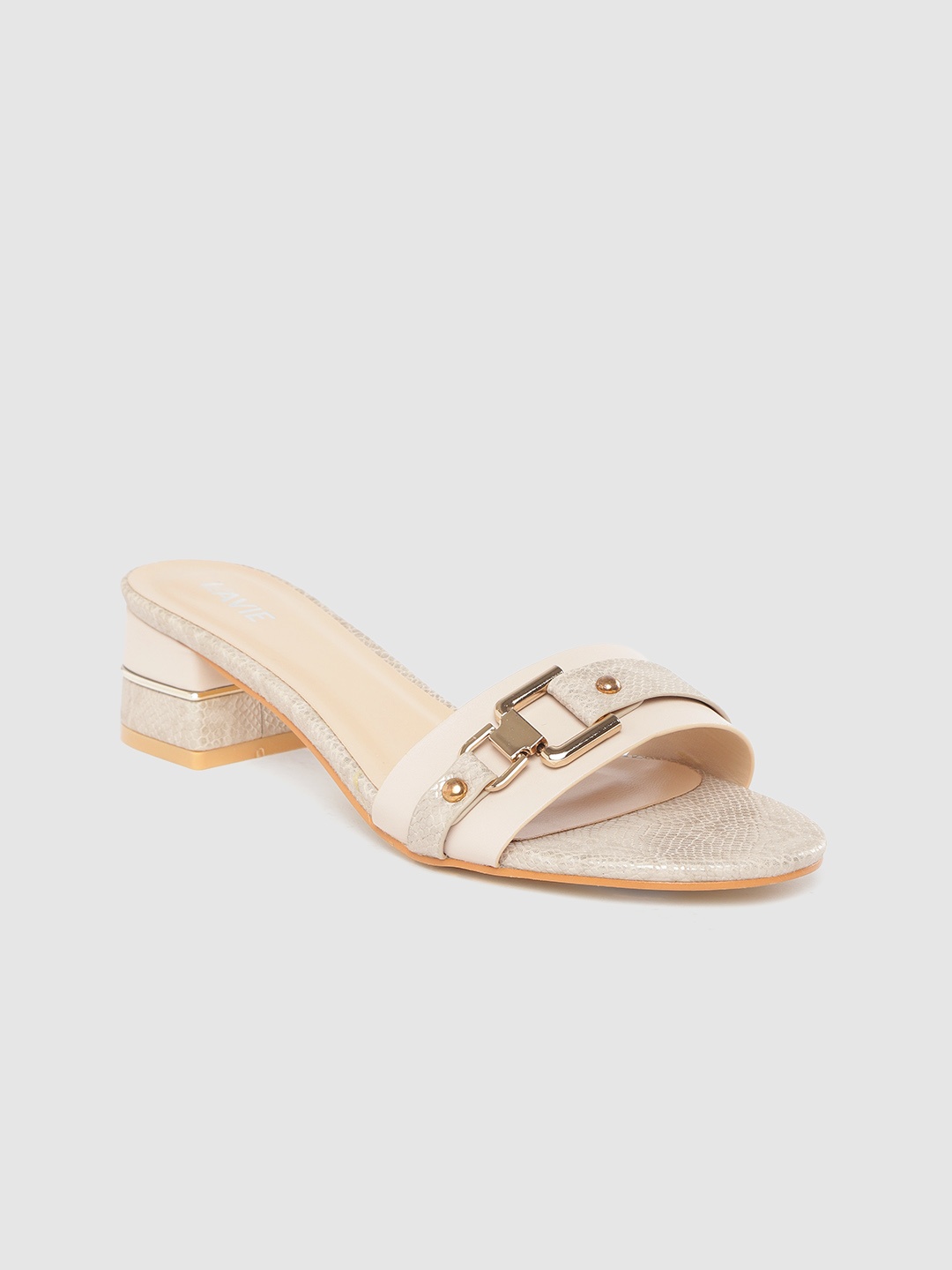 Lavie Women Beige & Gold-Toned Snakeskin Textured Block Heels with Metallic Detail