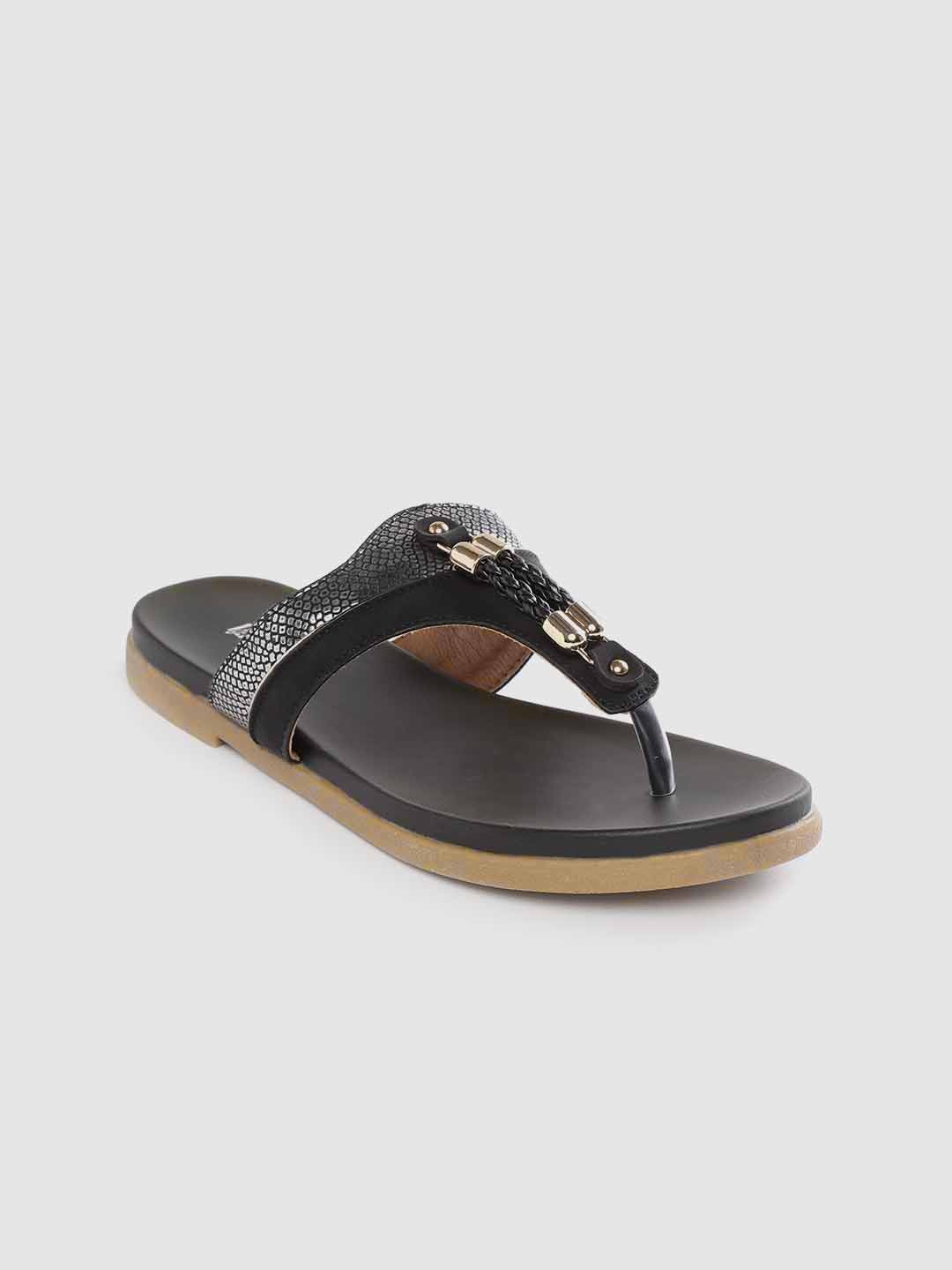

Lavie Women Black & Silver-Toned Snakeskin-Textured T-Strap Flats