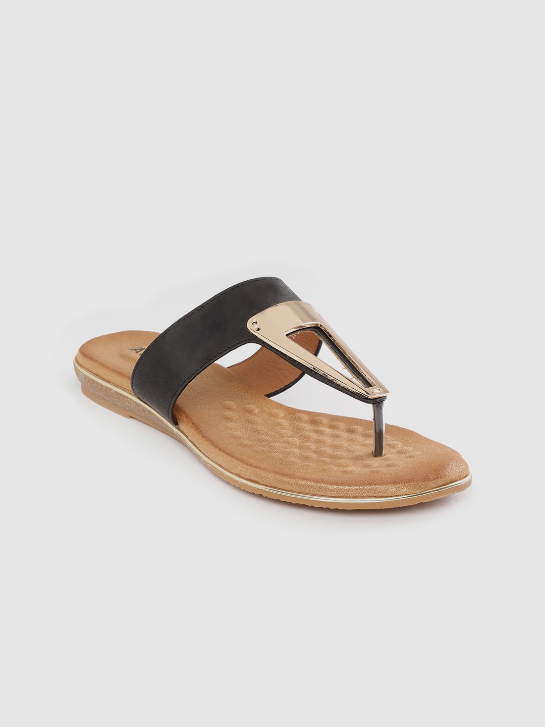 

Lavie Women Black & Gold-Toned Colourblocked T-Strap Flats