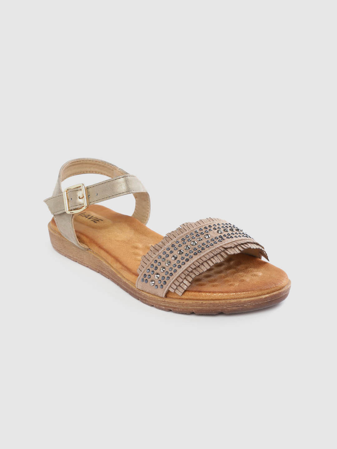 

Lavie Women Brown & Gold-Toned Embellished Open Toe Flats