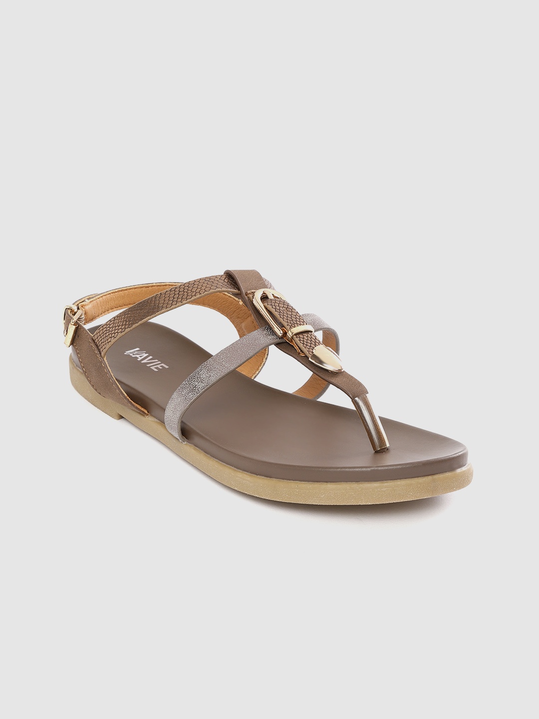 

Lavie Women Brown & Gunmetal-Toned Snakeskin-Textured T-Strap Flats