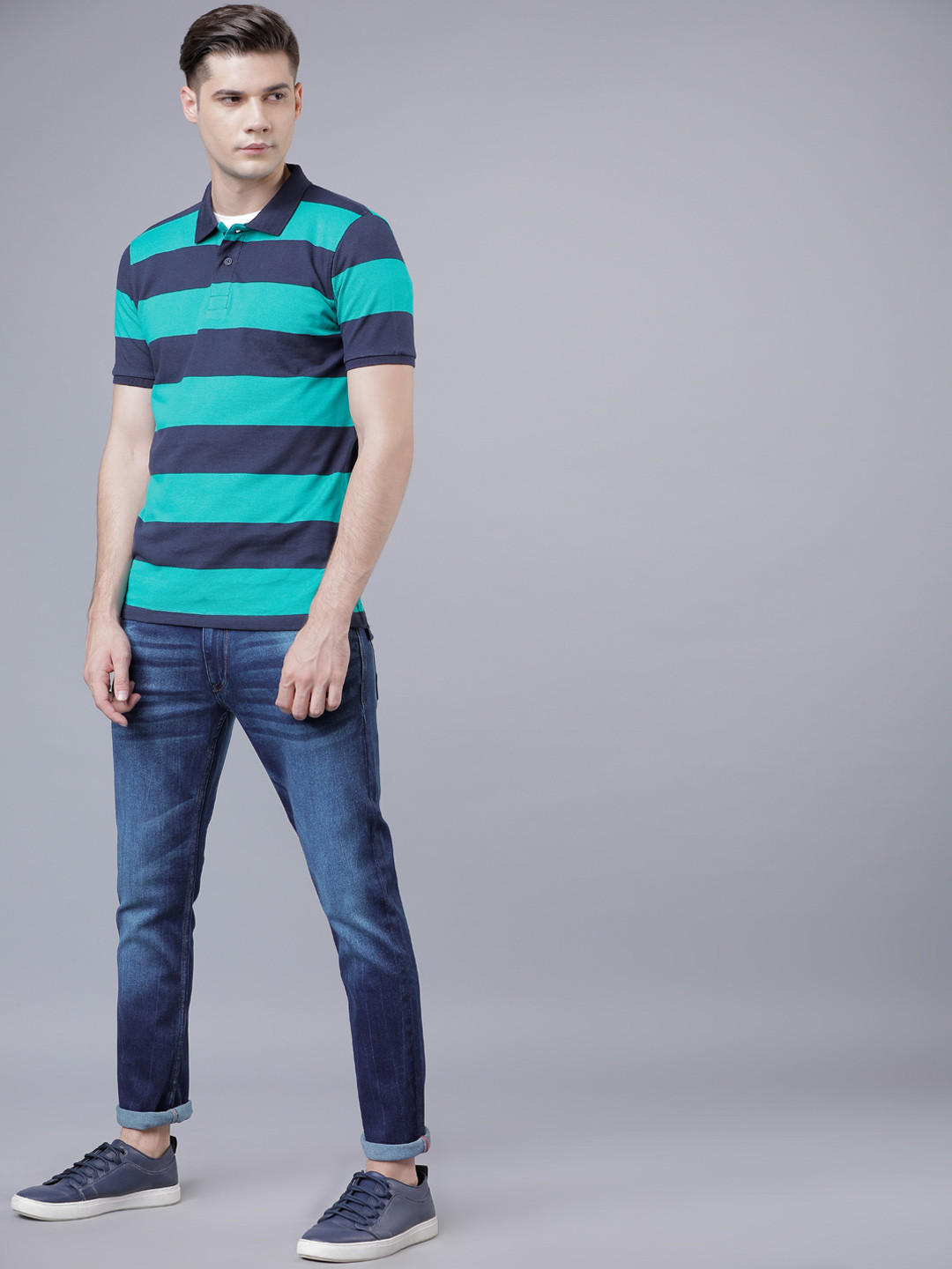 

HIGHLANDER Men Turquoise Blue Striped Polo Collar T-shirt