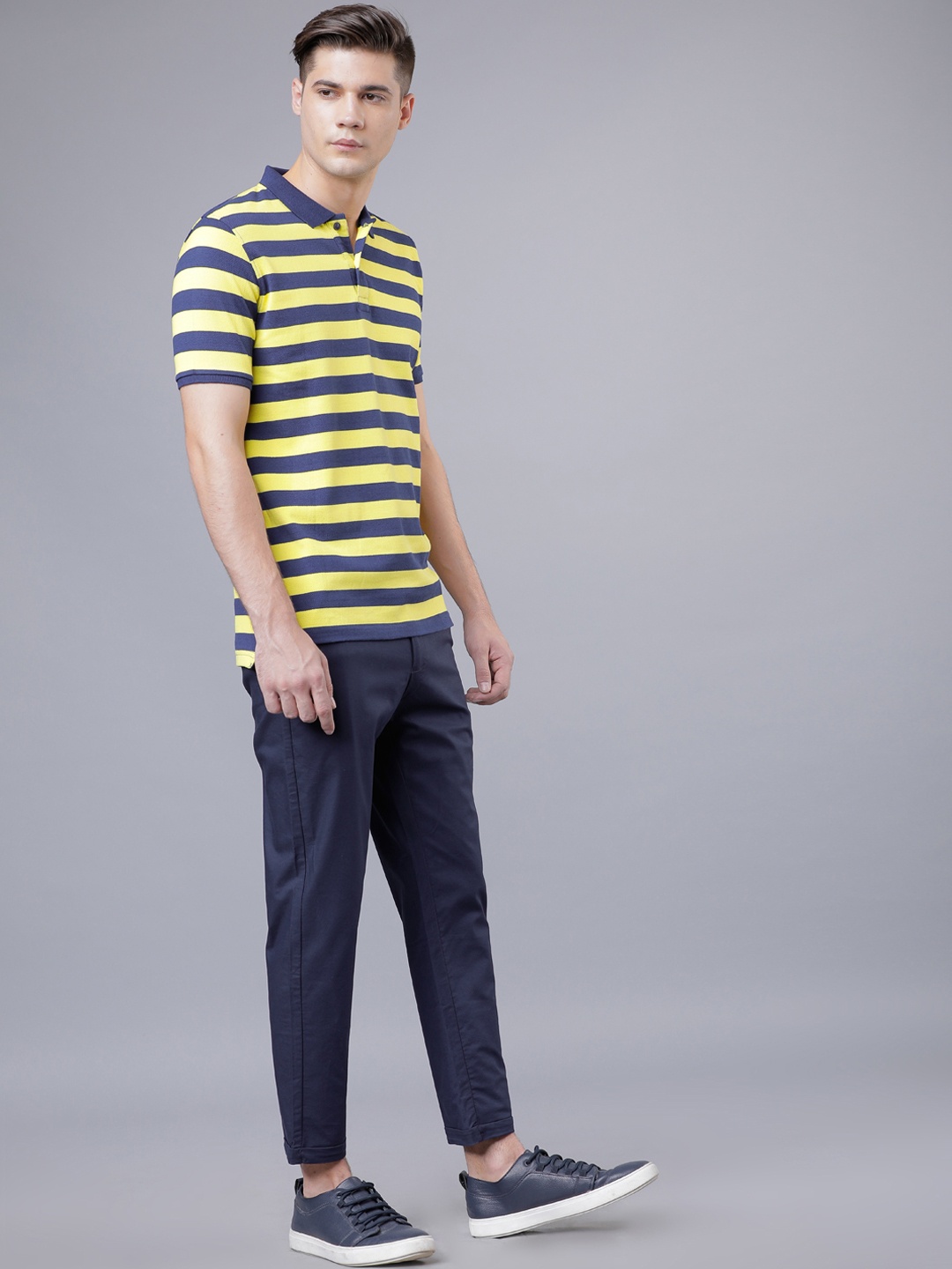 

HIGHLANDER Men Yellow Striped Polo Collar T-shirt
