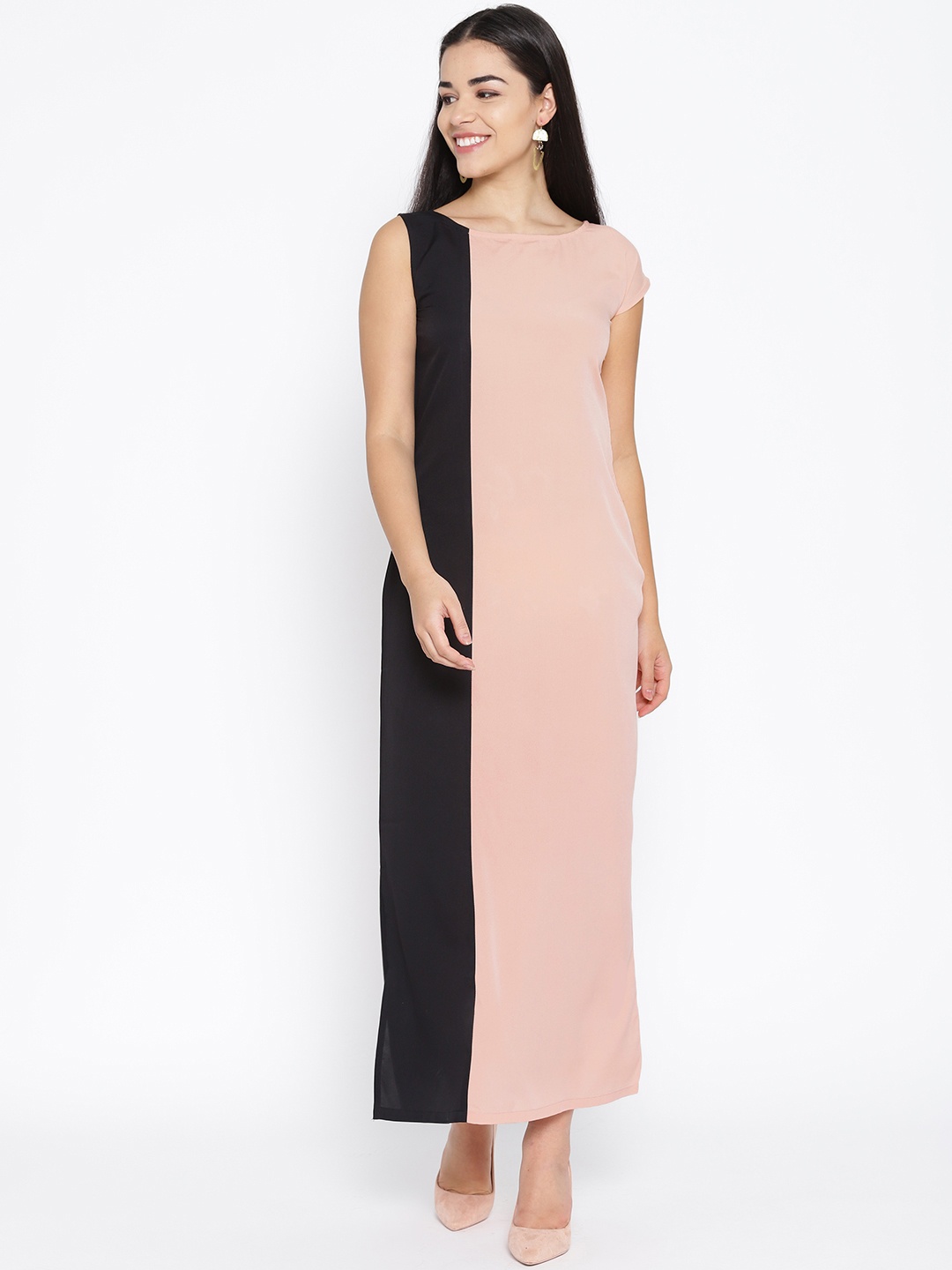 

Karmic Vision Women Dusty Pink & Black Colourblocked Maxi Dress