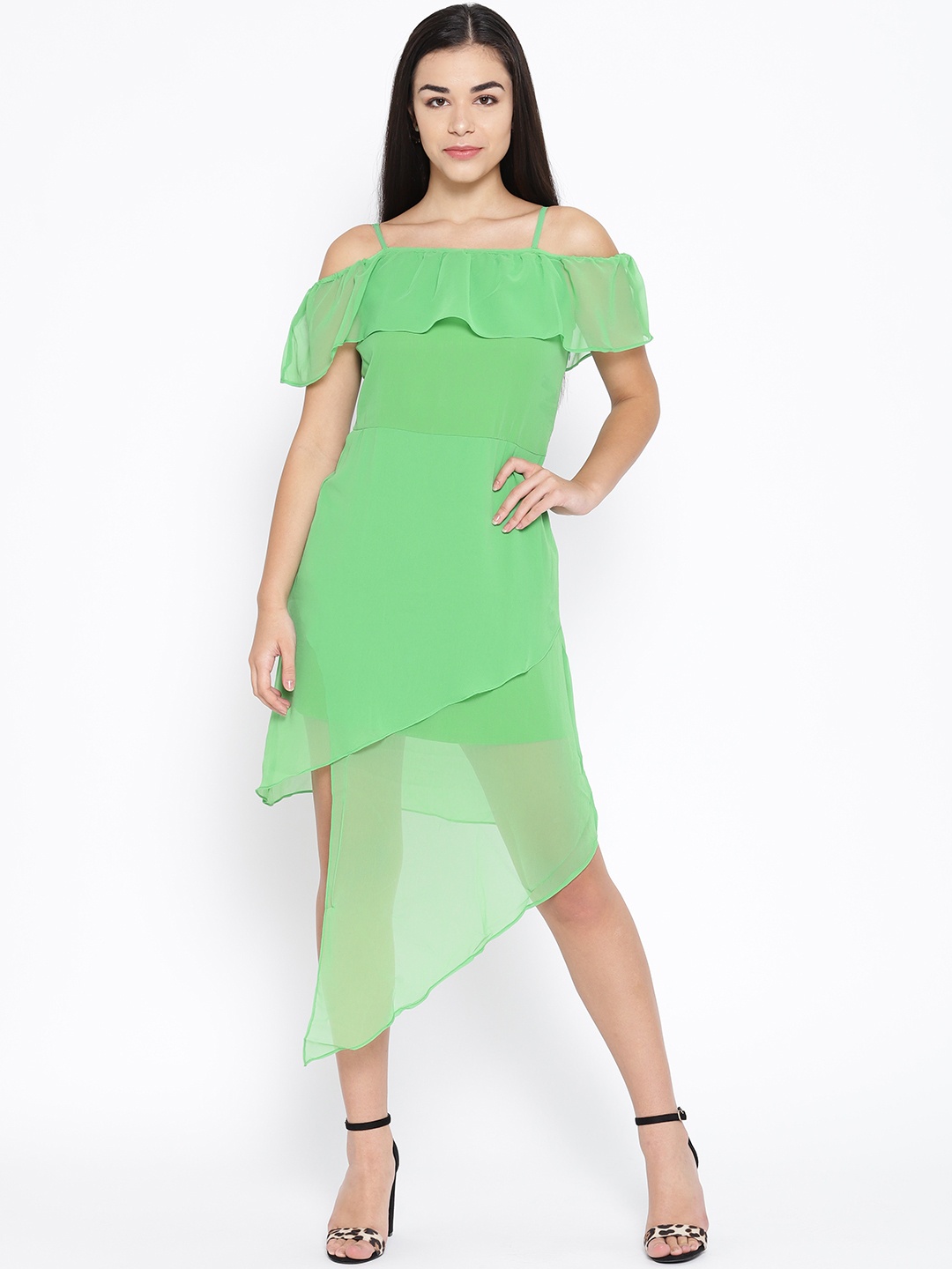 

Karmic Vision Women Green Solid Off-Shoulder A-Line Dress