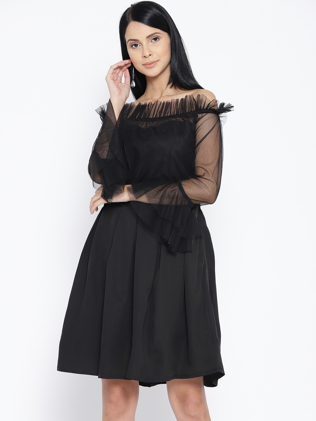 

Karmic Vision Women Black Solid Off-Shoulder Fit & Flare Dress