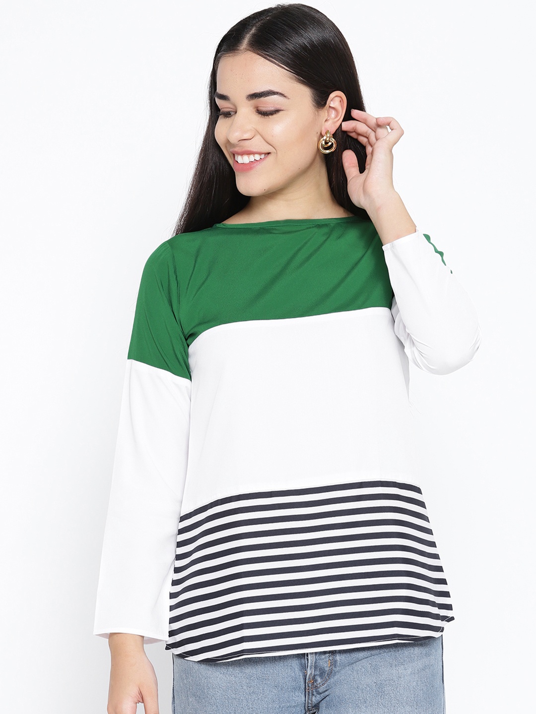 

Karmic Vision Women White & Green Colourblocked Top