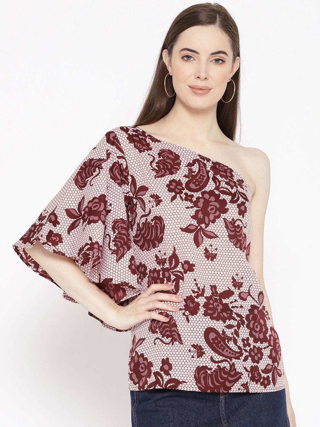 

Karmic Vision Women Off-White & Byrgundy Printed One-Shoulder Top