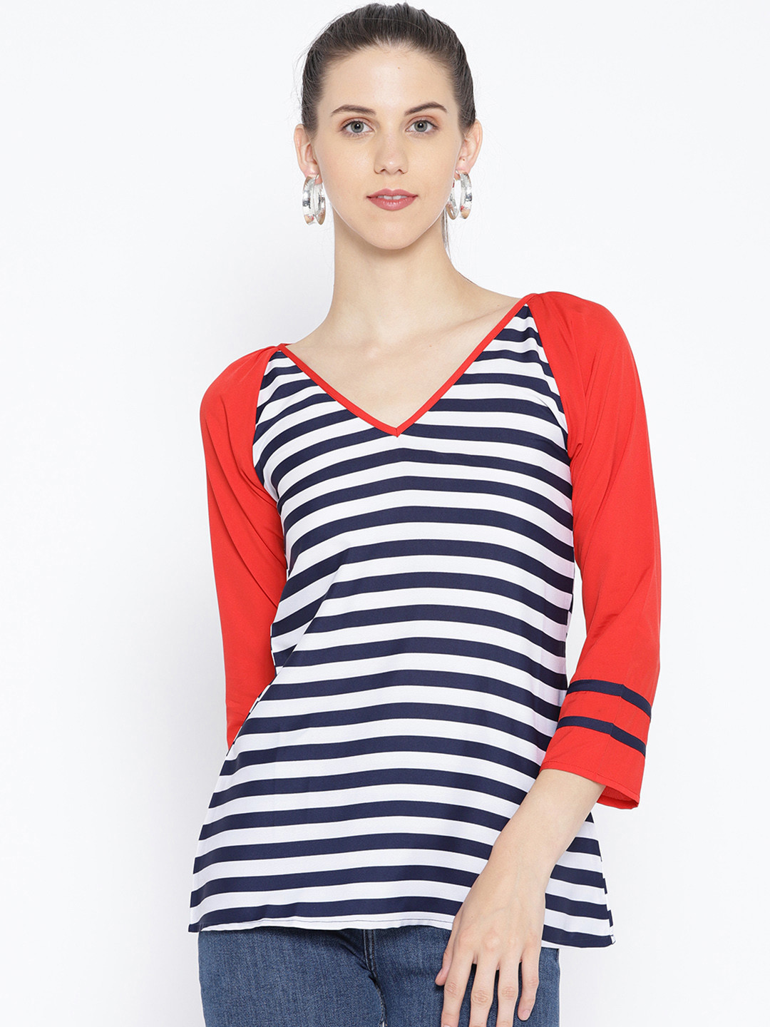 

Karmic Vision Women White & Navy Striped Top