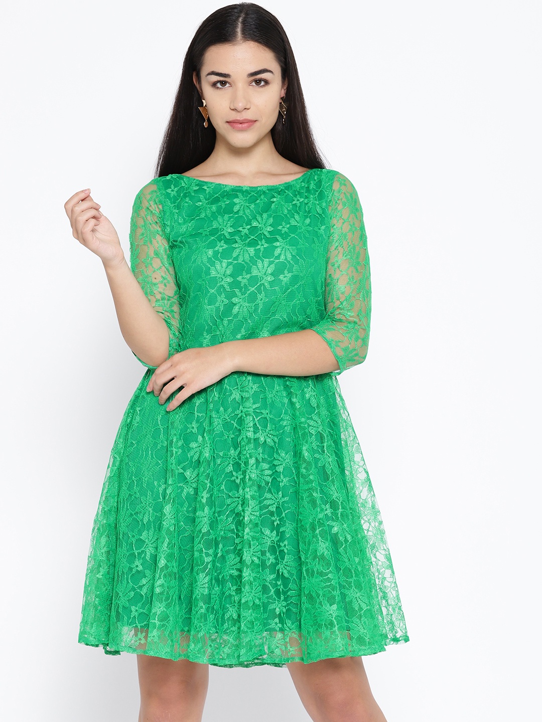

Karmic Vision Women Green Floral Lace Fit & Flare Dress