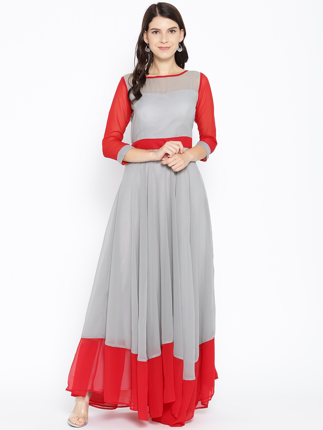 

Karmic Vision Women Grey & Red Solid Maxi Dress