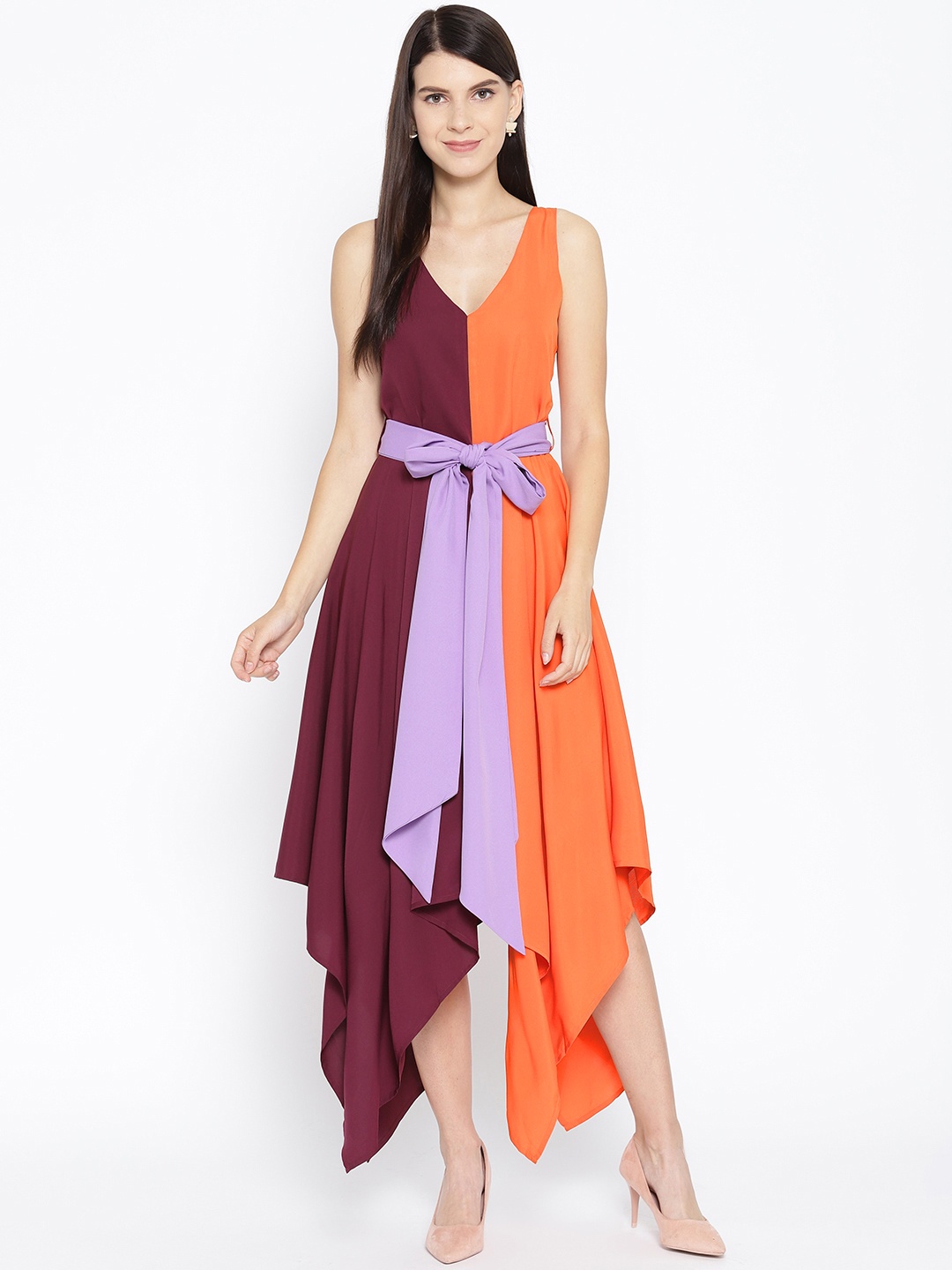 

Karmic Vision Women Purple & Orange Colourblocked A-Line Dress