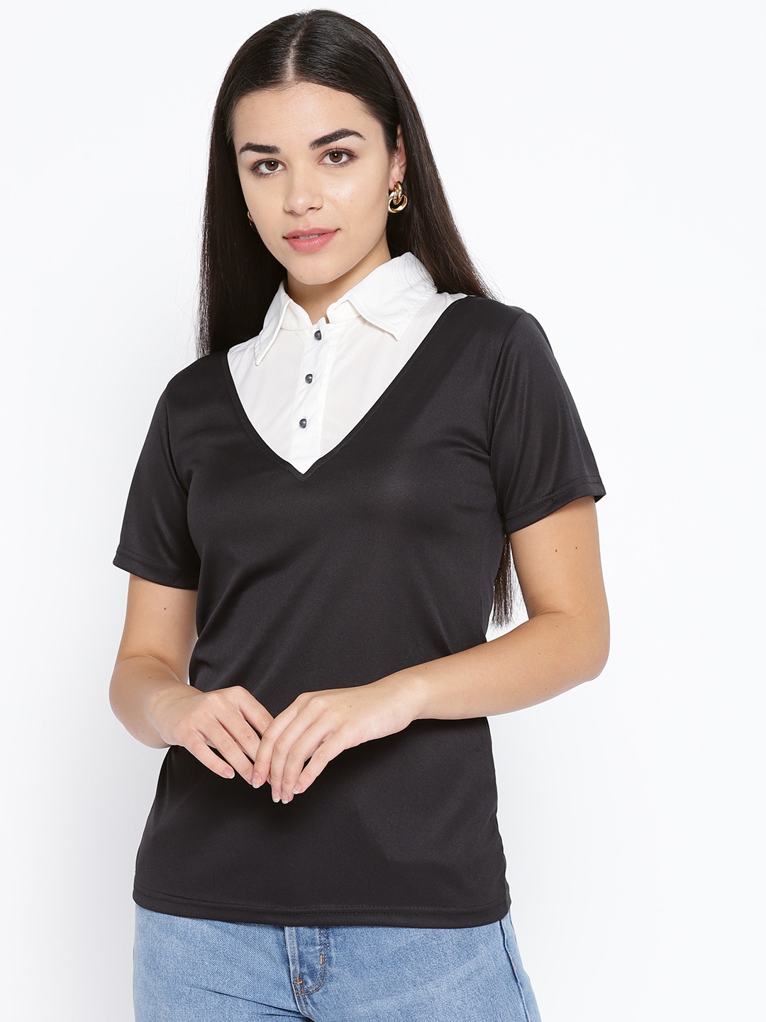 

Karmic Vision Women Black & White Solid Shirt Style Top