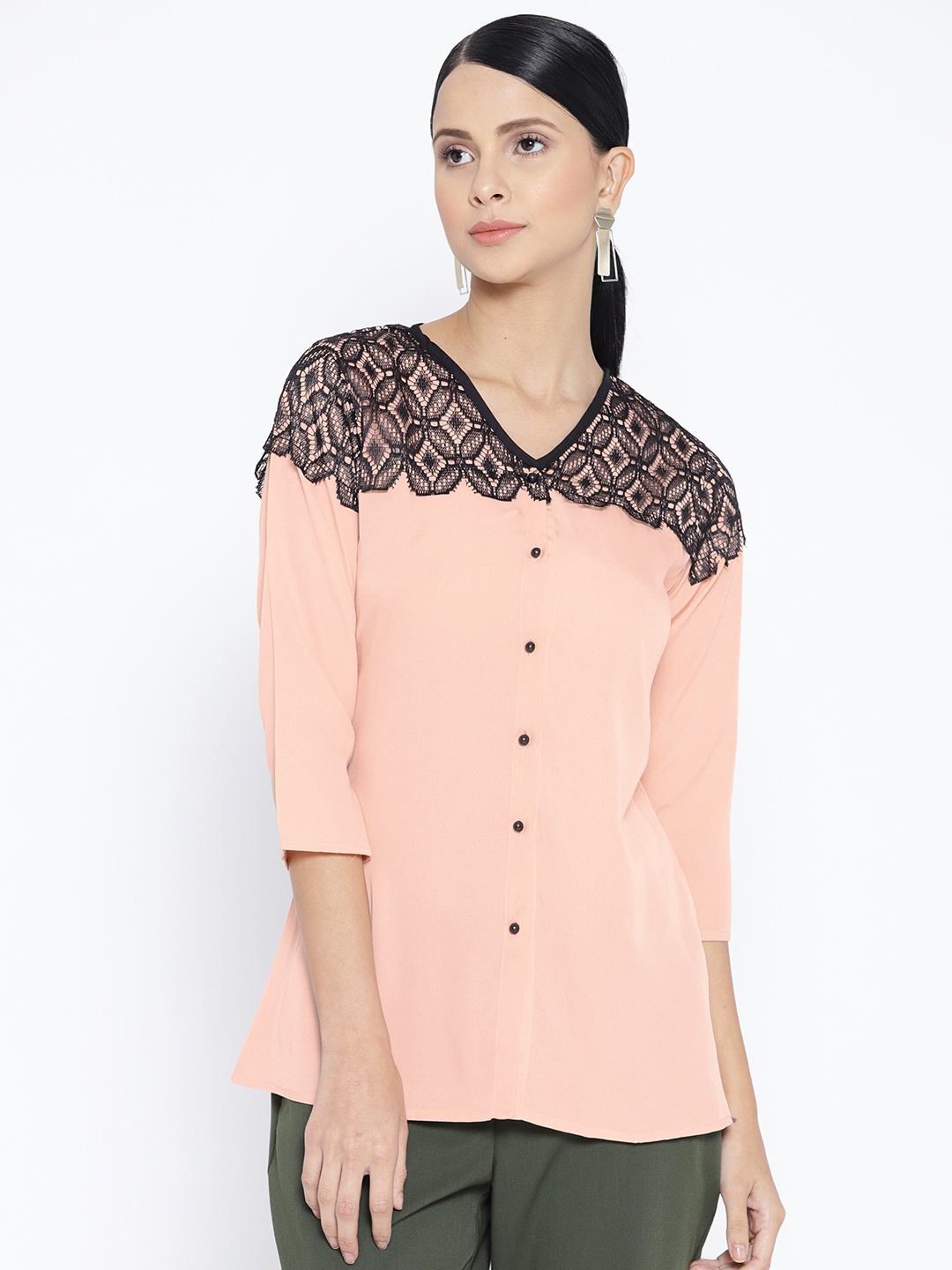 

Karmic Vision Women Peach-Coloured & Black Solid Top