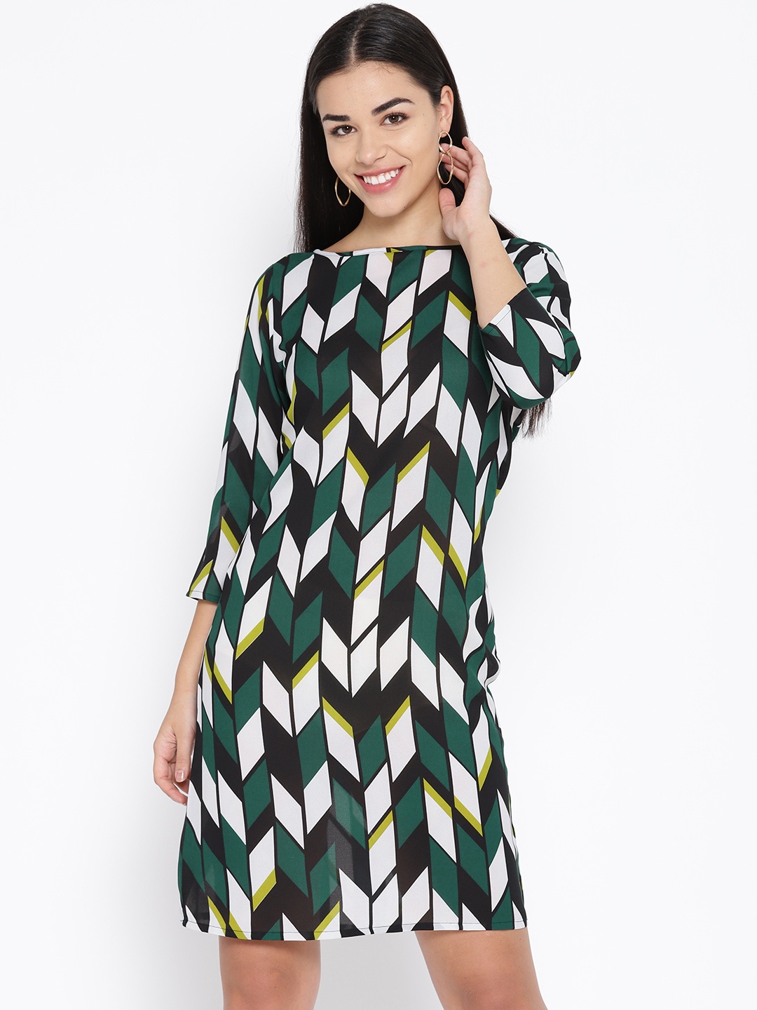 

Karmic Vision Women Black & Green Printed Shift Dress