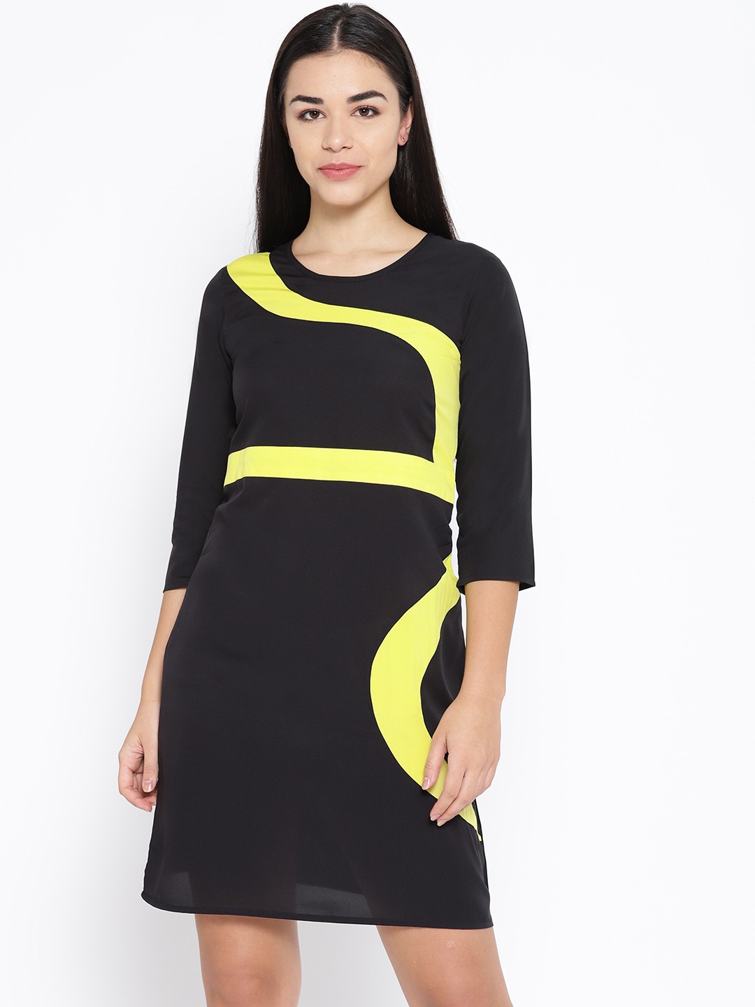 

Karmic Vision Women Black & Yellow Panelled Detail A-Line Dress