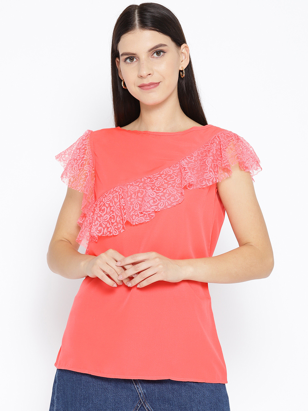 

Karmic Vision Women Coral Pink Solid Lace Detail Top
