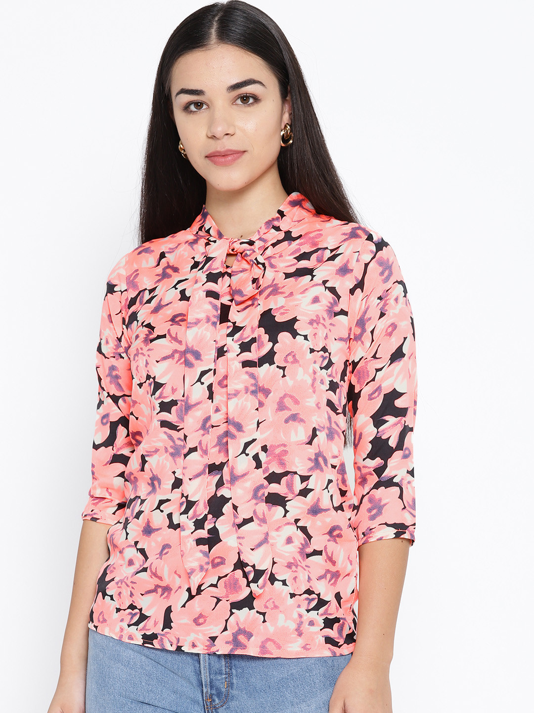 

Karmic Vision Women Coral Pink & Black Printed Top