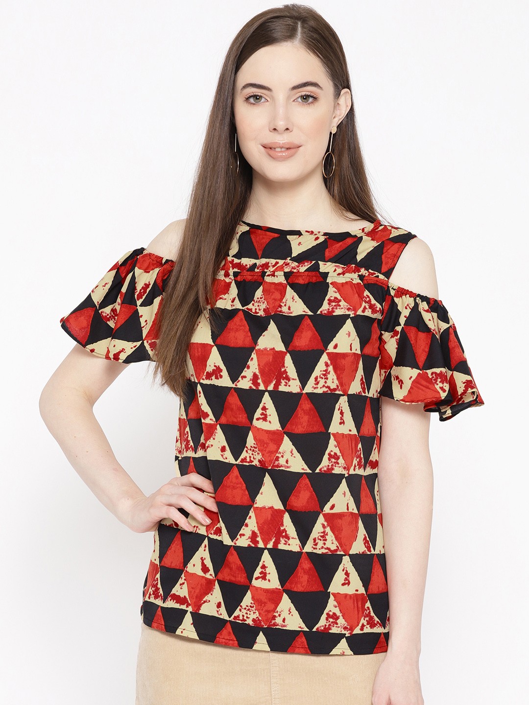 

Karmic Vision Women Beige & Red Printed Cold-Shoulder Top