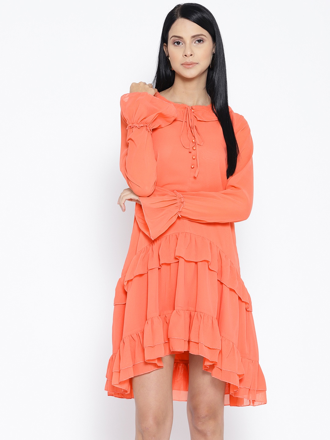 

Karmic Vision Women Peach-Coloured Solid A-Line Tiered Dress