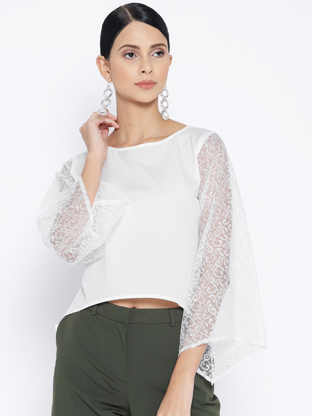 

Karmic Vision Women White Solid Semi-Sheer High-Low Top