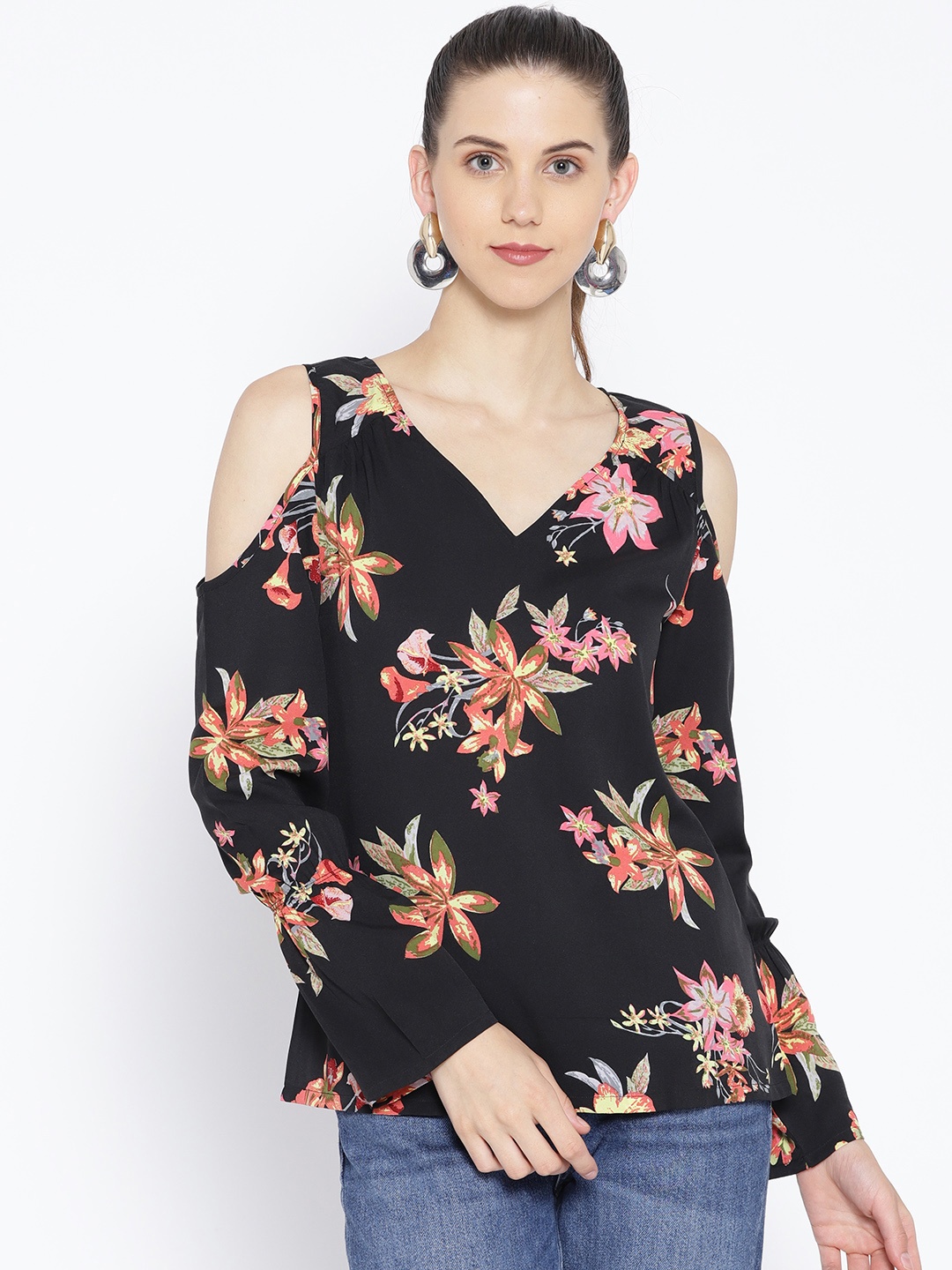 

Karmic Vision Women Black & Coral Orange Printed Cold-Shoulder Top