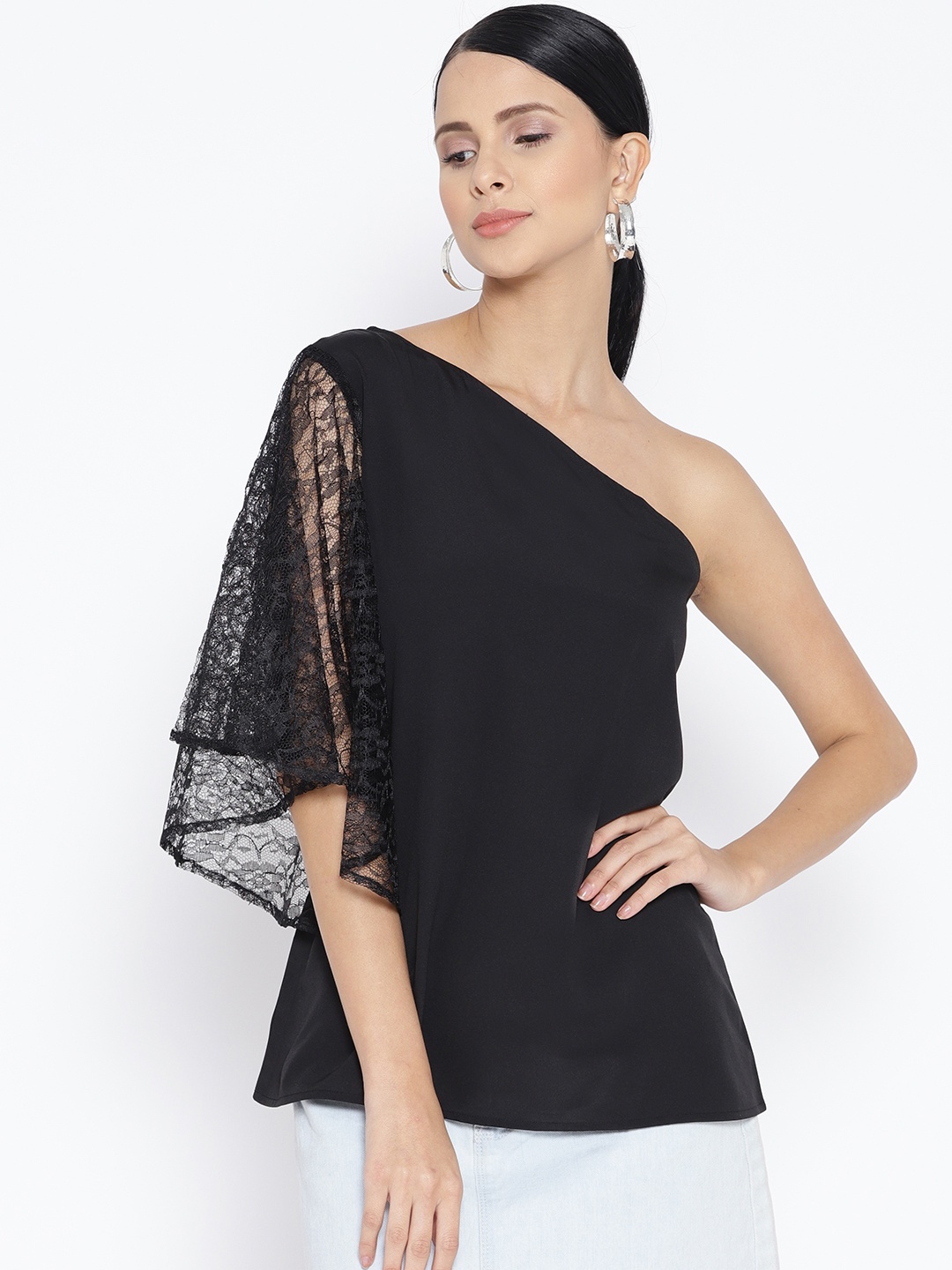 

Karmic Vision Women Black Solid One-Shoulder Top