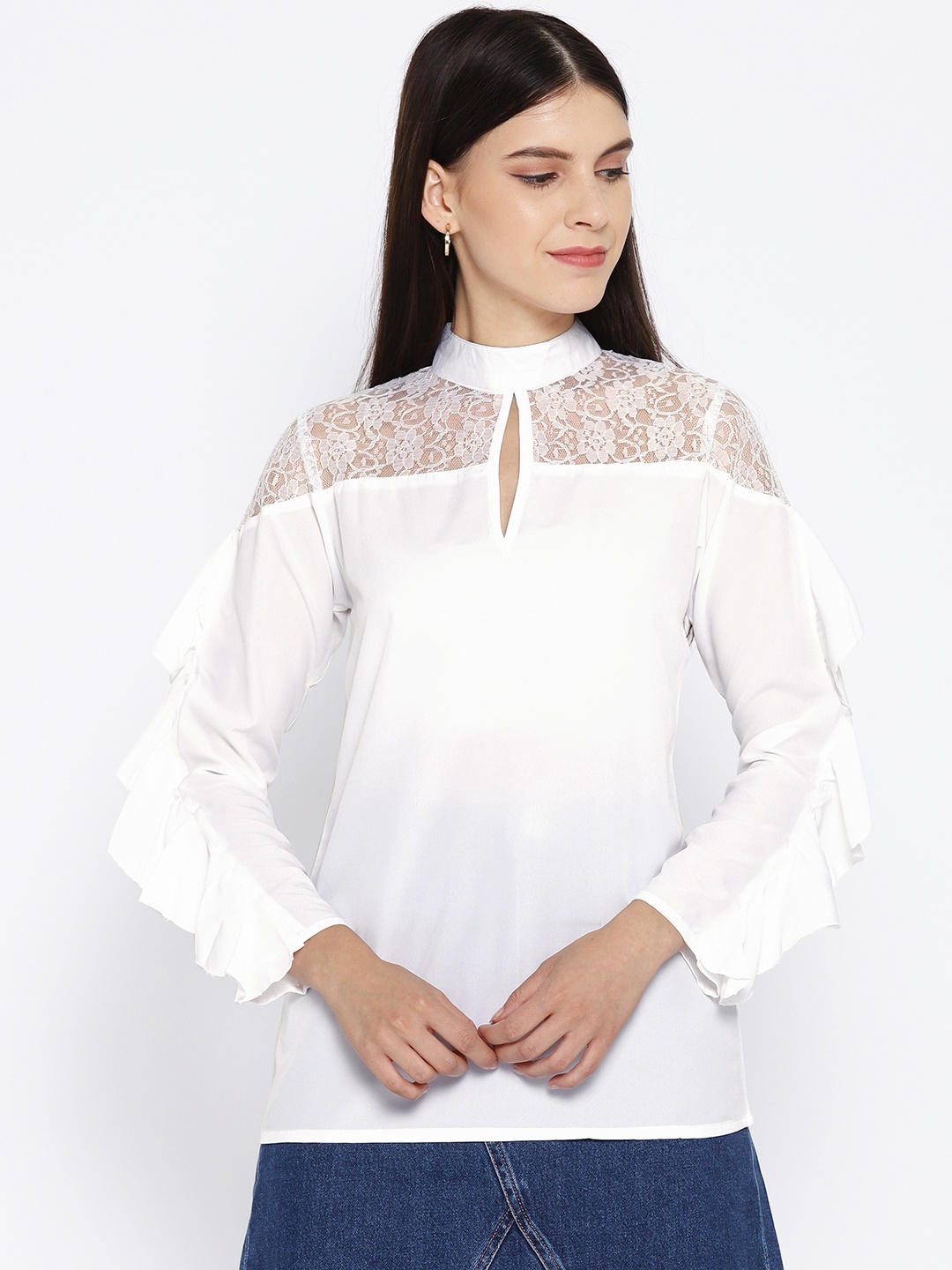 

Karmic Vision Women White Solid Semi-Sheer Top